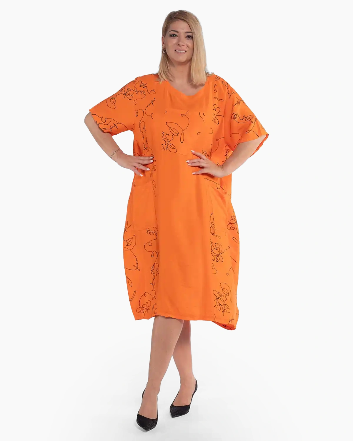 Rochii - Rochie boho portocalie din vâscoză cu imprimeu abstract