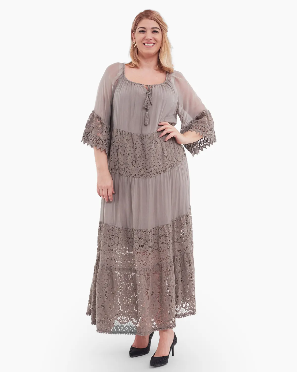 Rochii la Promoție - Rochie cappuccino cu matase si dantela si decolteu accesorizat cu snur