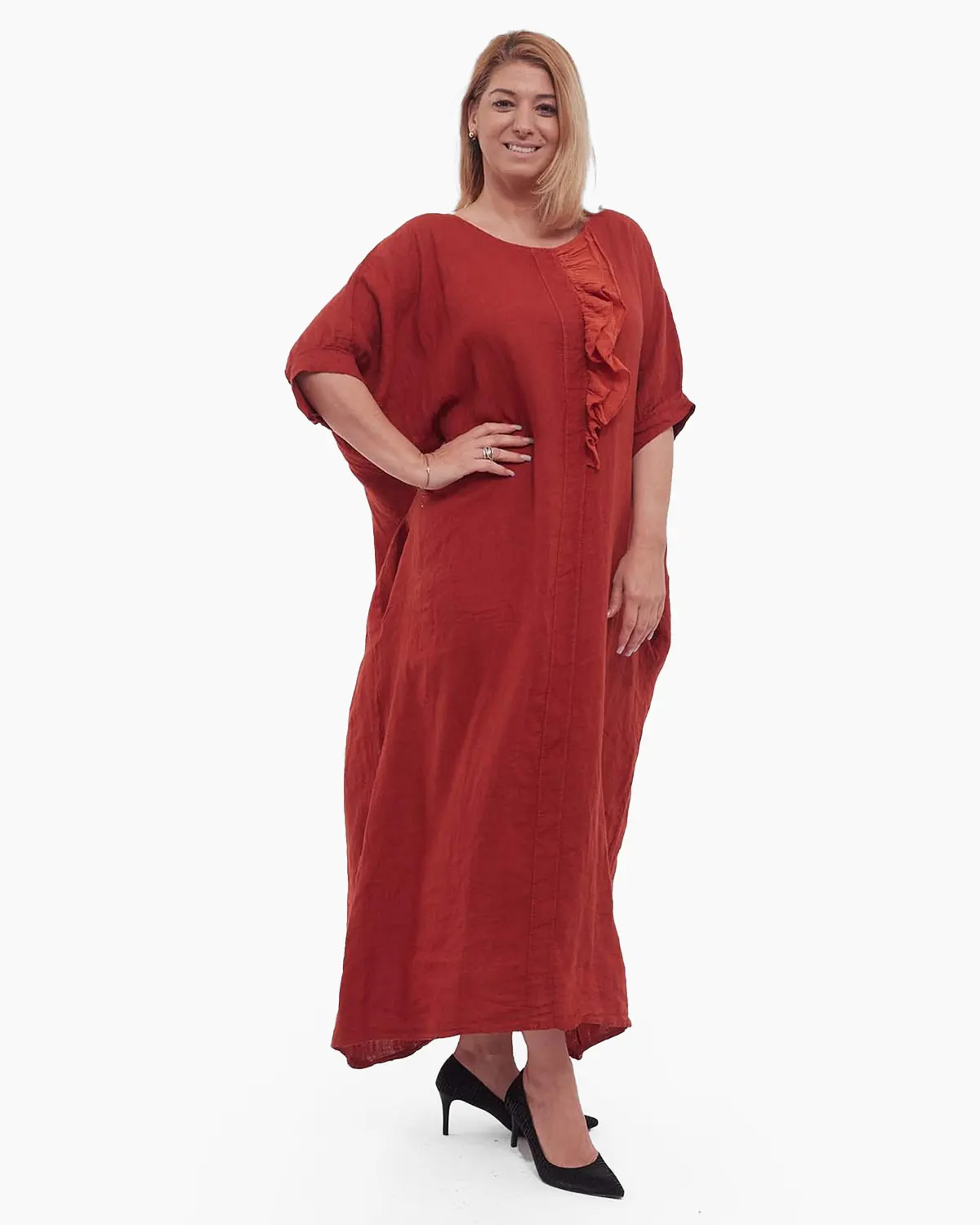 Rochie cărămizie minimalistă maxi din in cu volan [2]