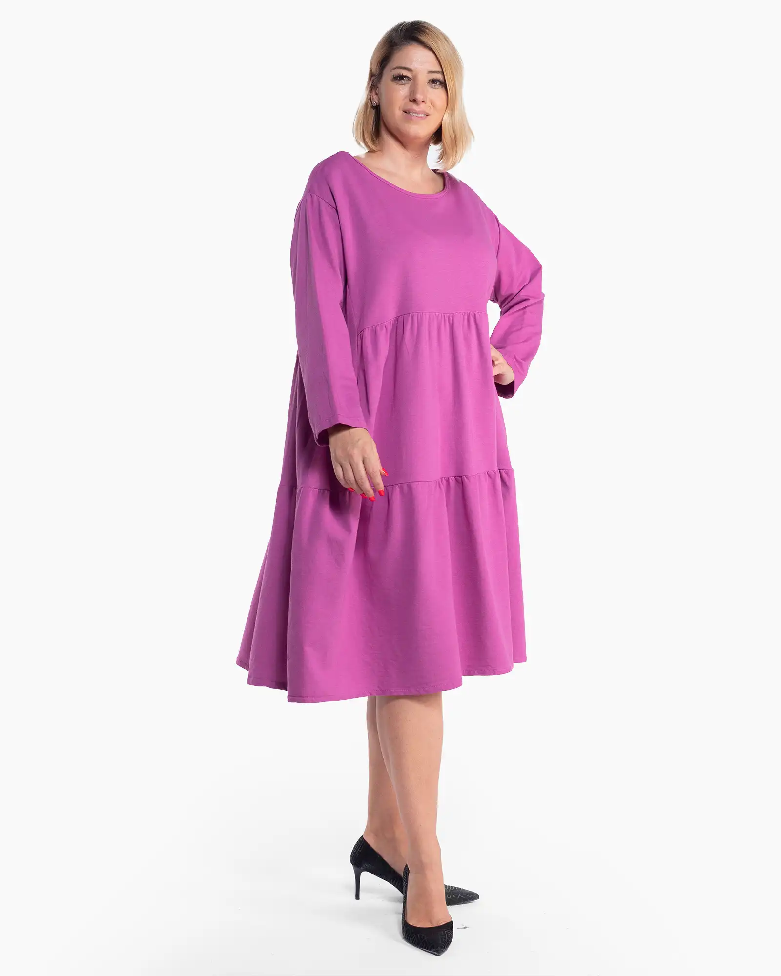 Rochie casual fucsia cu volane din bumbac fluid [2]