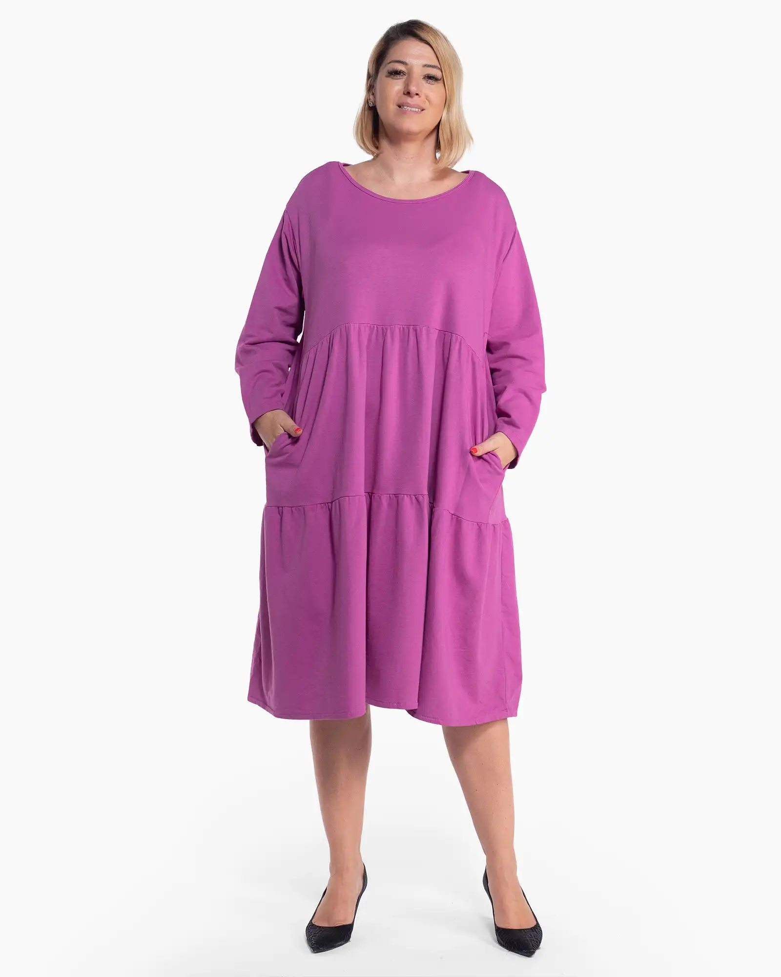 Rochii - Rochie casual fucsia cu volane din bumbac fluid