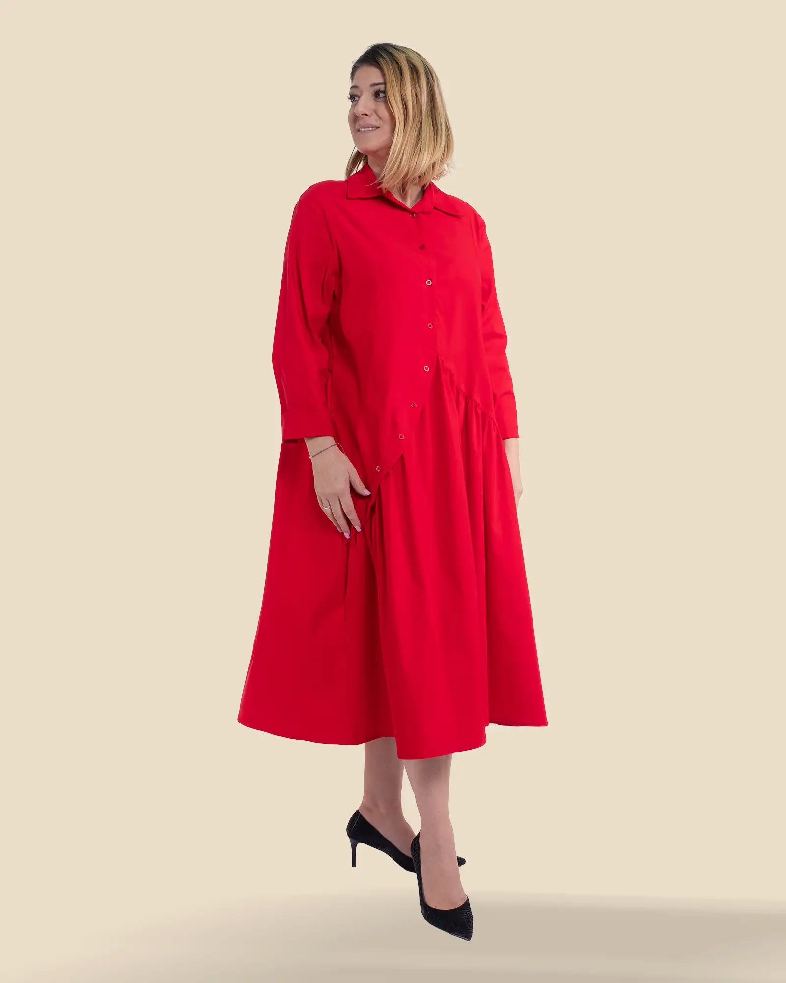 Produse noi - Rochie casual midi roșie din vâscoză tip cămașă Sunsun Italia