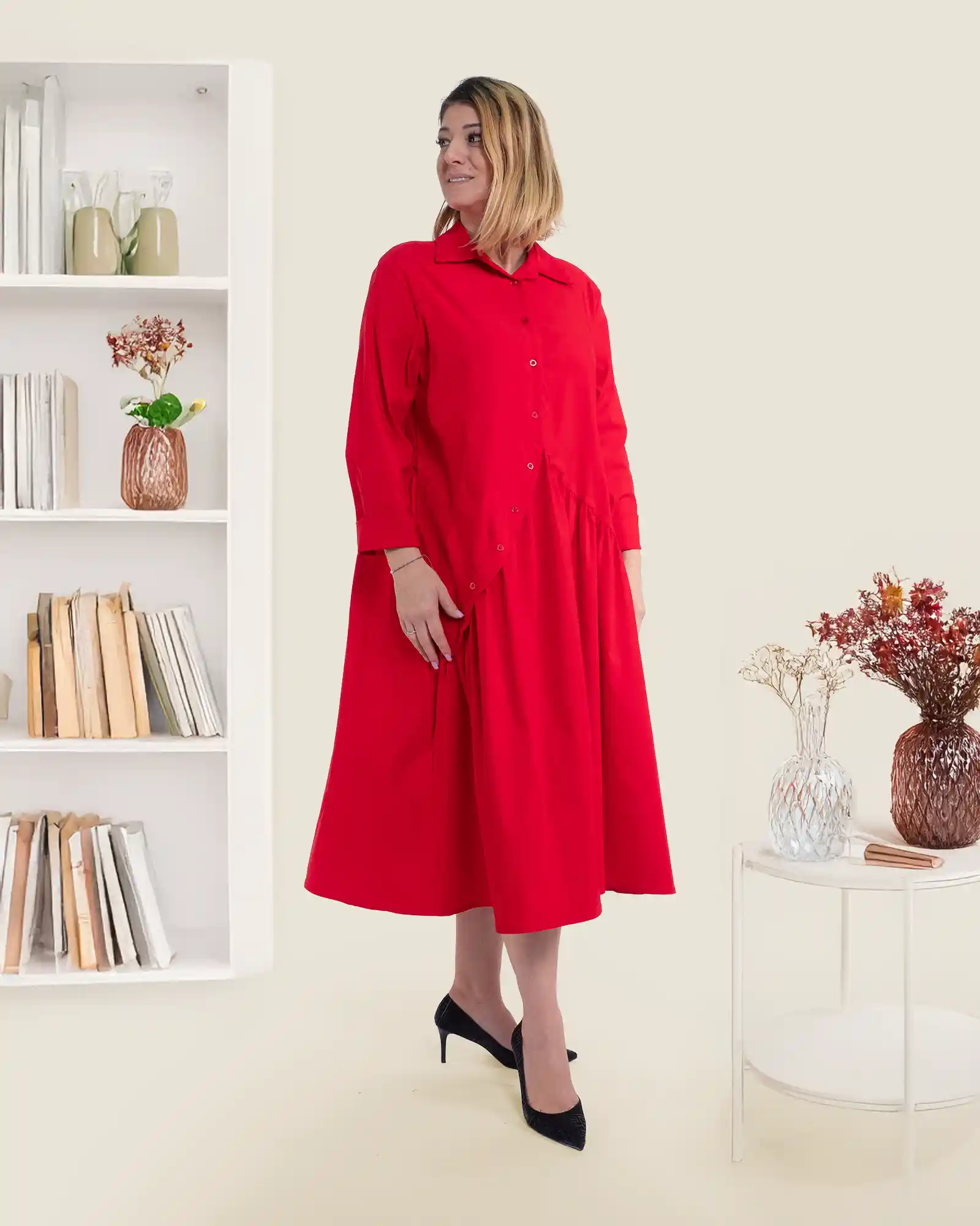 Produse noi - Rochie casual midi roșie din vâscoză tip cămașă Sunsun Italia