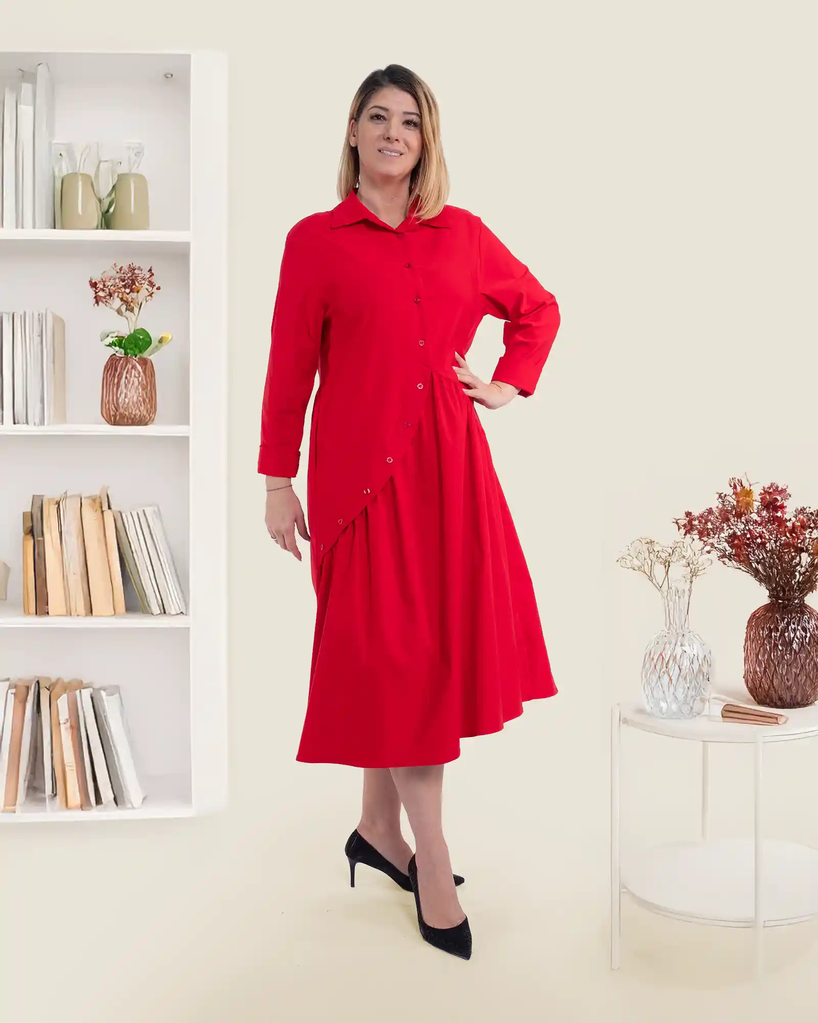 Rochie casual midi roșie din vâscoză tip cămașă Sunsun Italia [2]