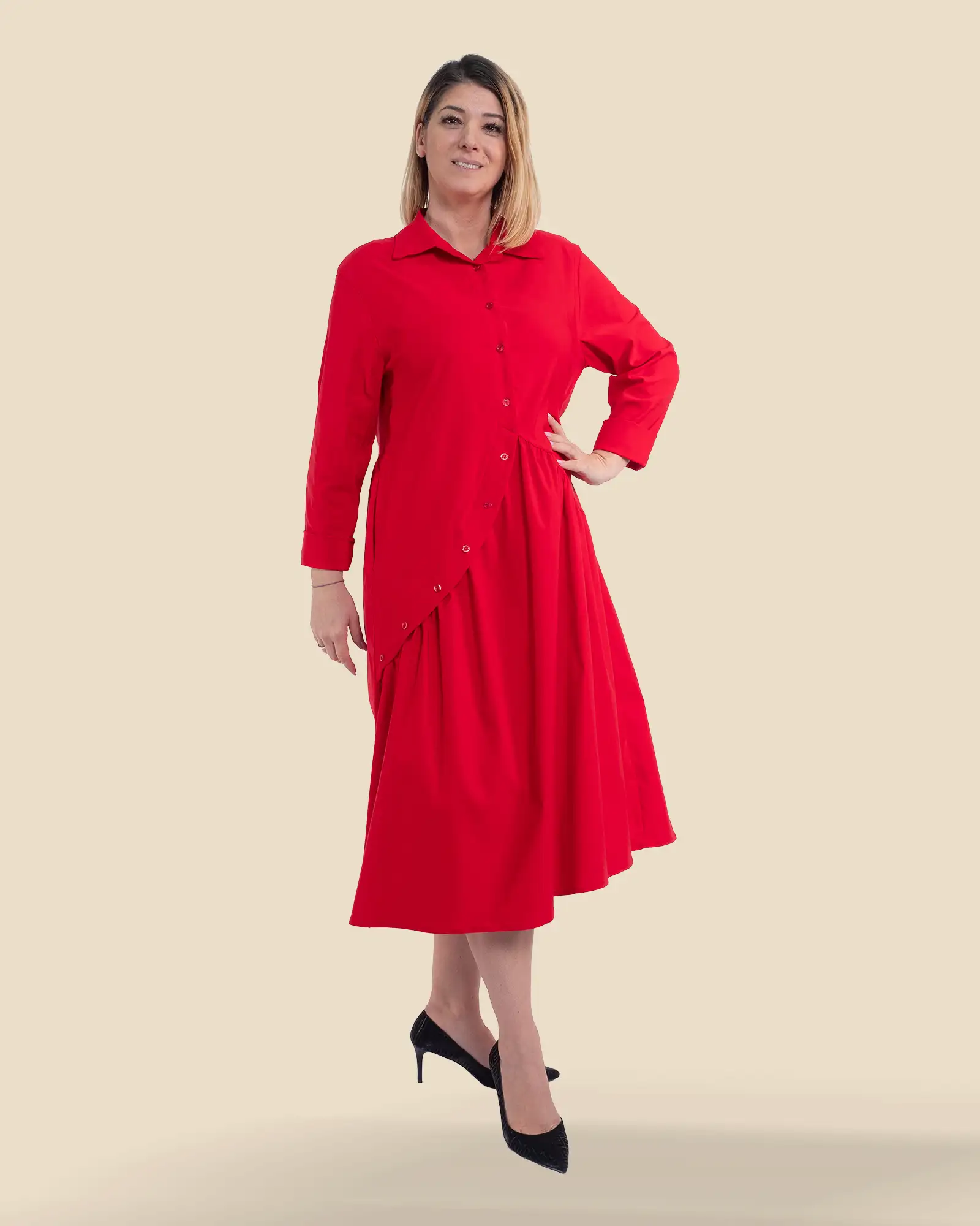 Rochie casual midi roșie din vâscoză tip cămașă Sunsun Italia [2]