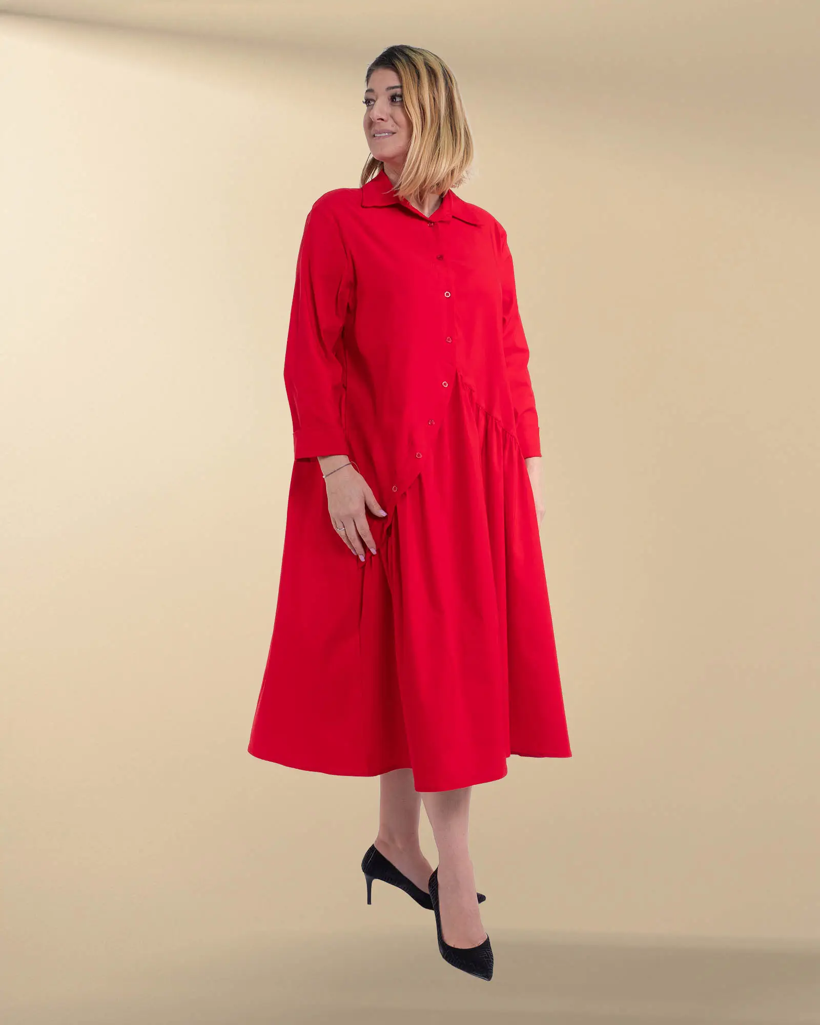 Haine damă - Rochie casual midi roșie din vâscoză tip cămașă Sunsun Italia