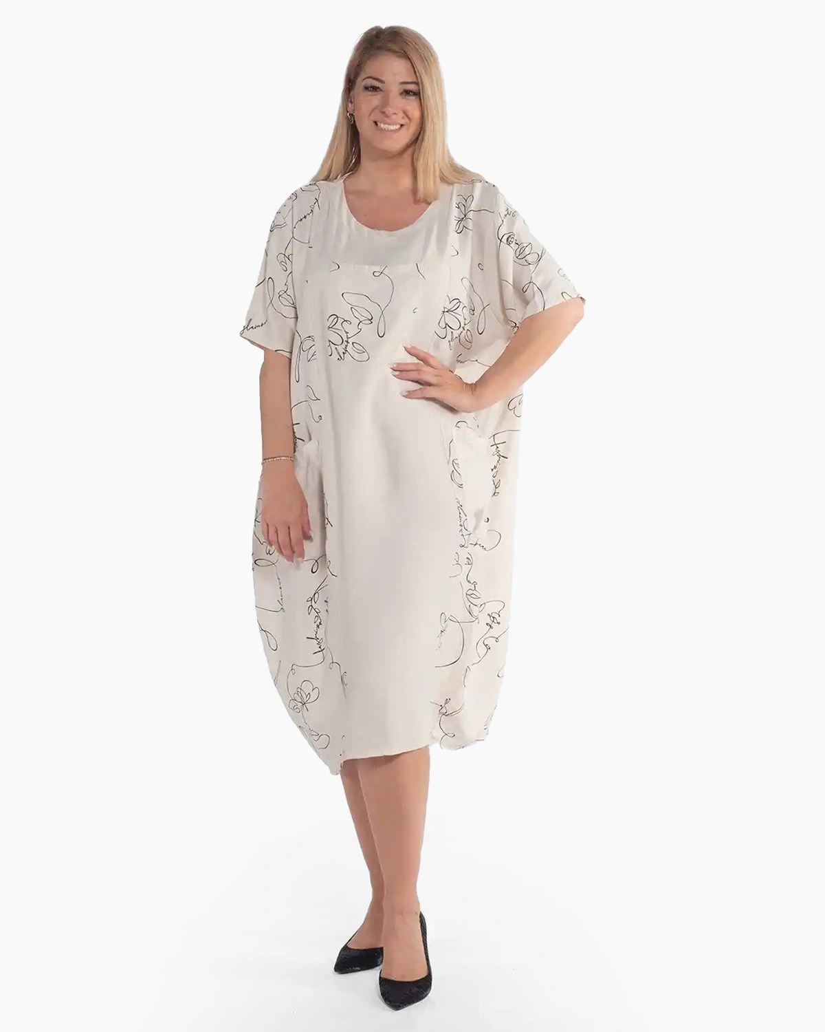 Rochii - Rochie crem boho amplă din vâscoză cu imprimeu abstract