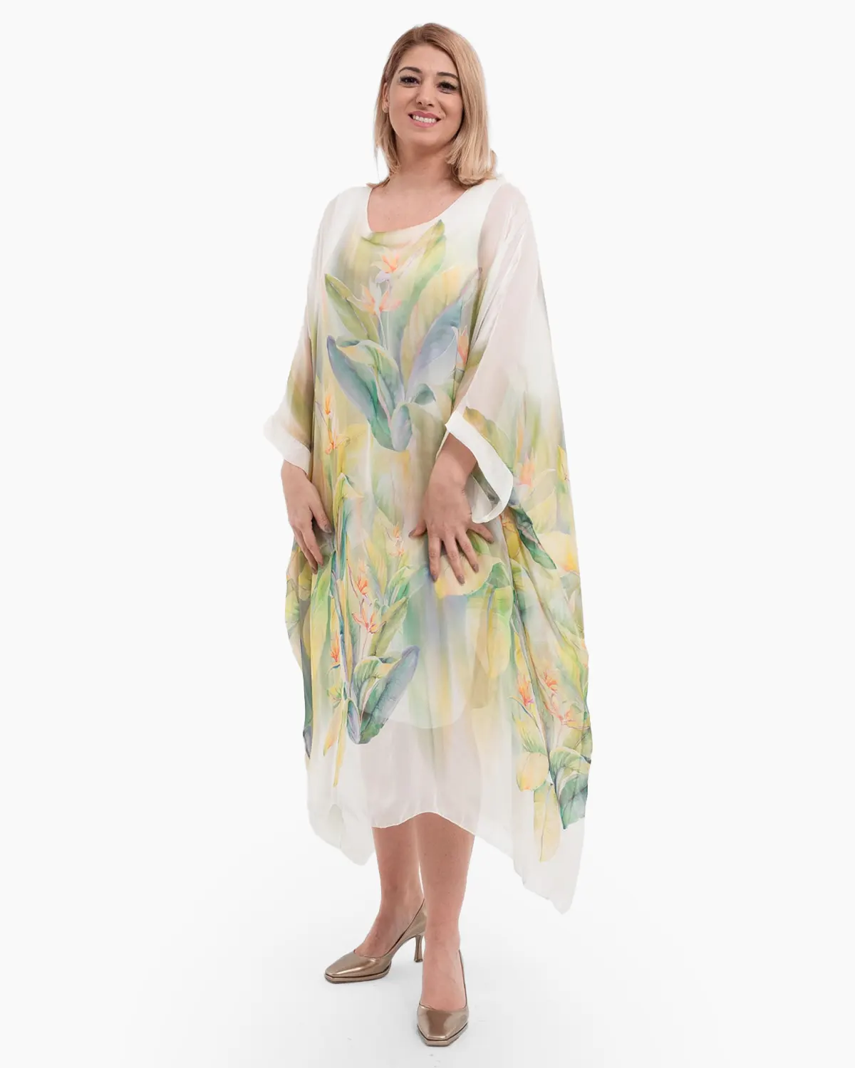 Rochii din Vâscoză - Rochie crem cu matase si imprimeu floral verde