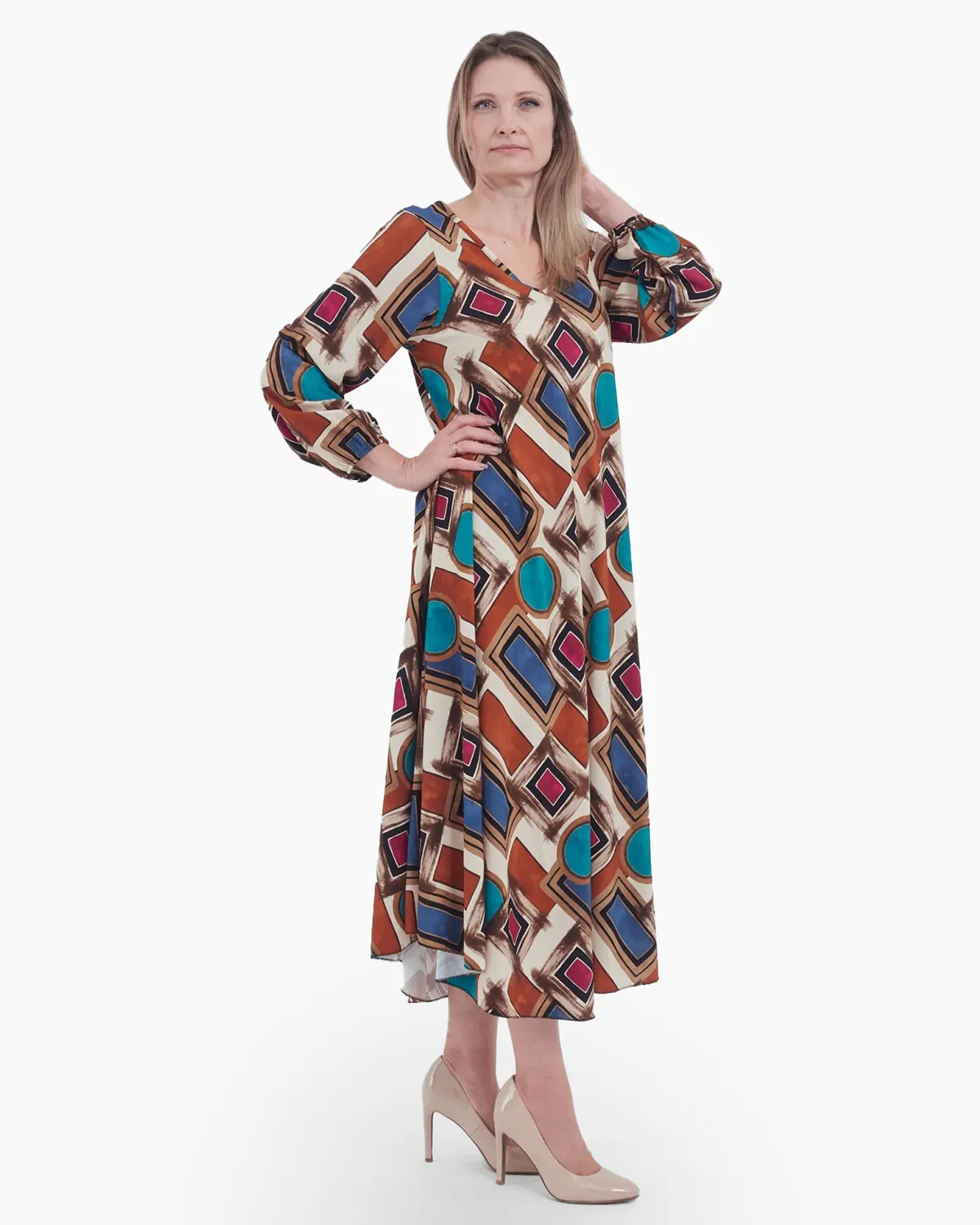 Rochii - Rochie crem evazata, cu imprimeu geometric