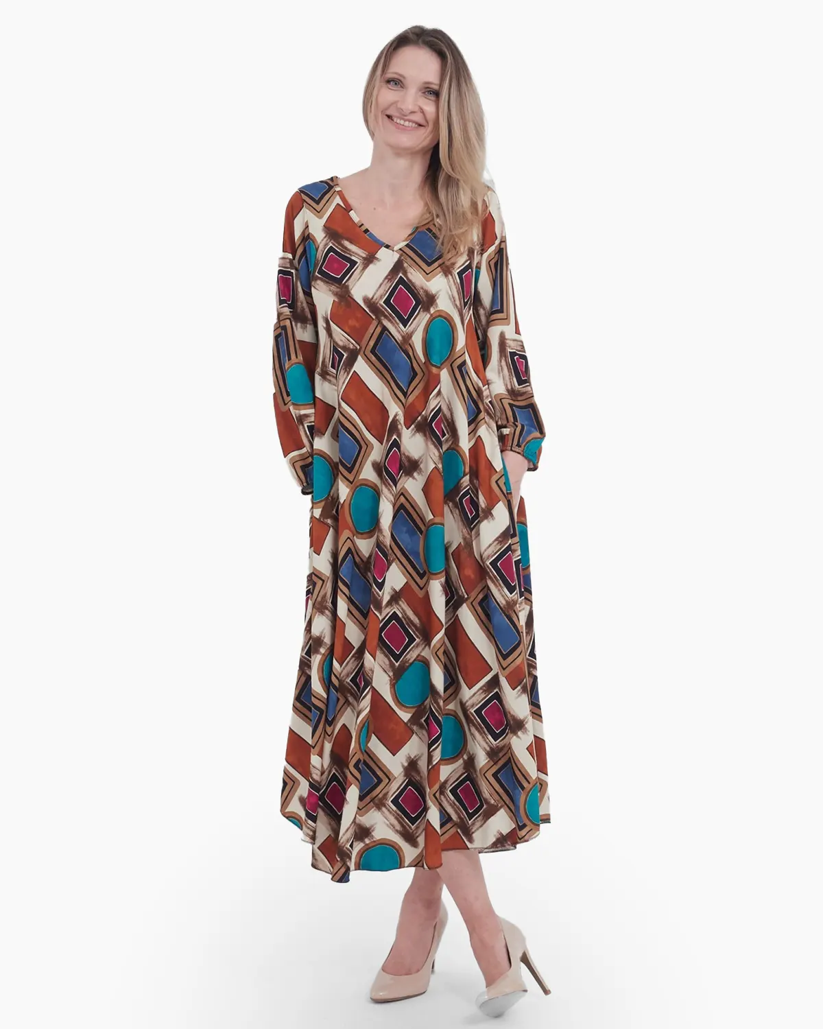 Rochie crem evazata, cu imprimeu geometric [1]