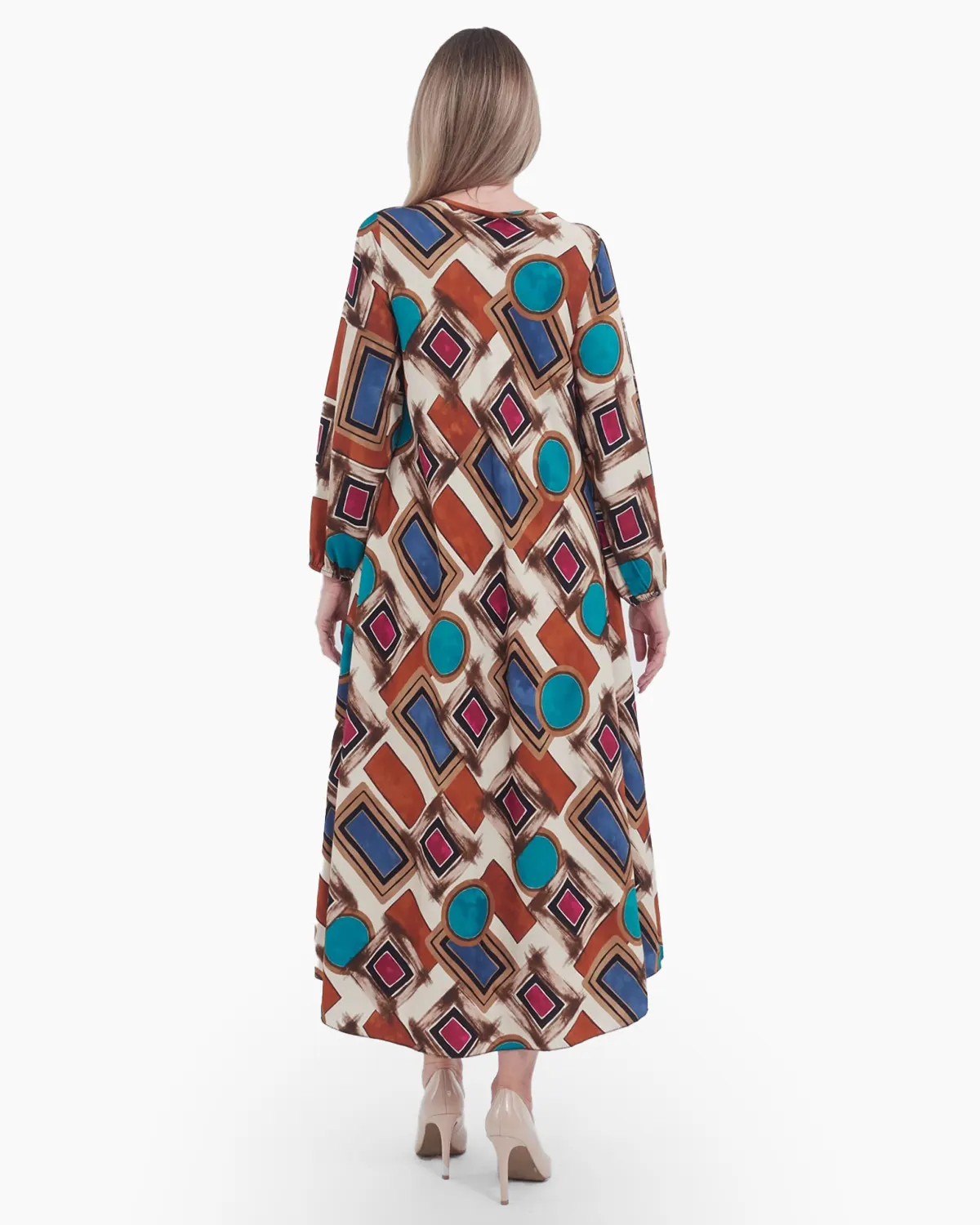Rochie crem evazata, cu imprimeu geometric [2]