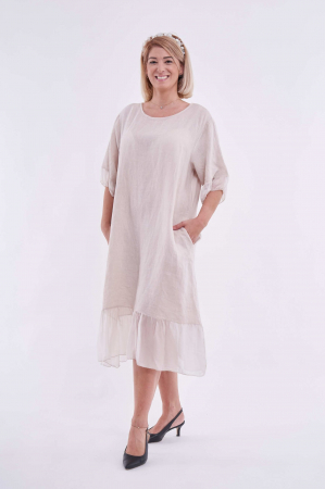 Rochii din In - Rochie cu buzunare laterale ascunse, accesorizata la baza cu matase bej