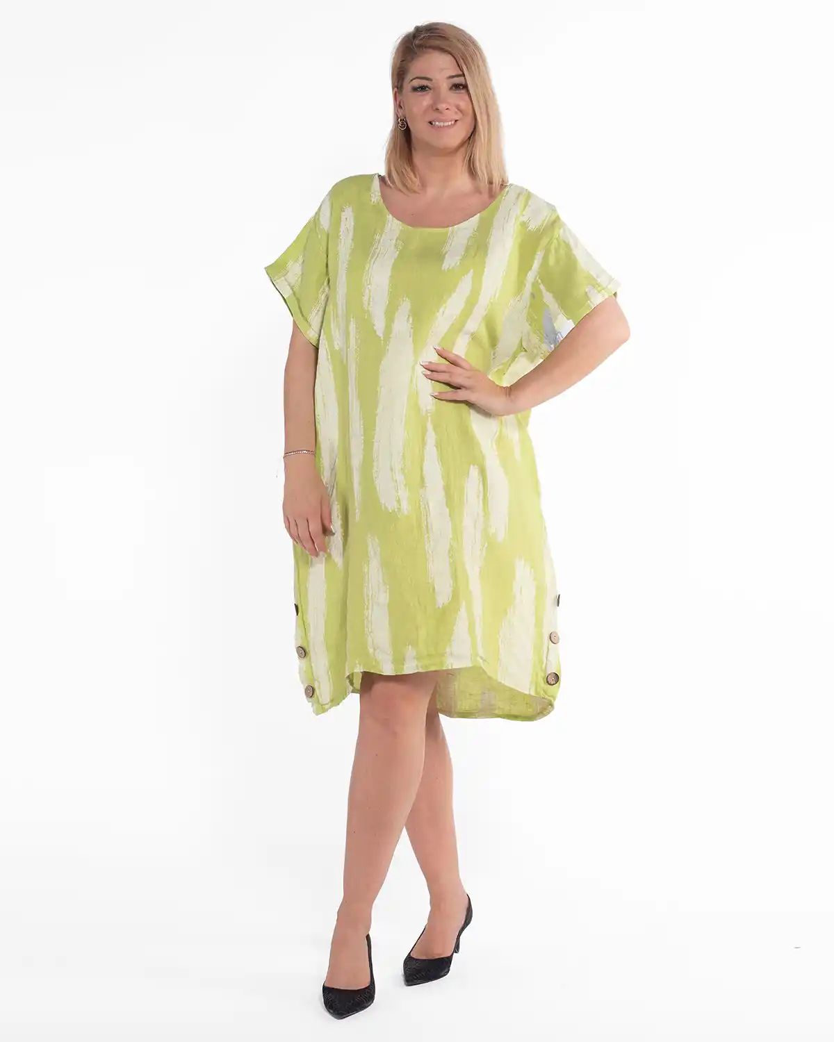 Rochii din In - Rochie de in lime cu imprimeu abstract și croială A-line