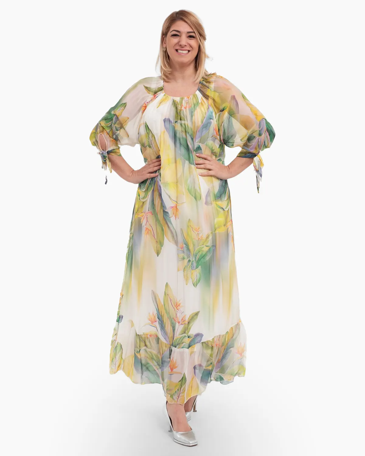 Rochii - Rochie de vara din matase galbena cu imprimeuri florale