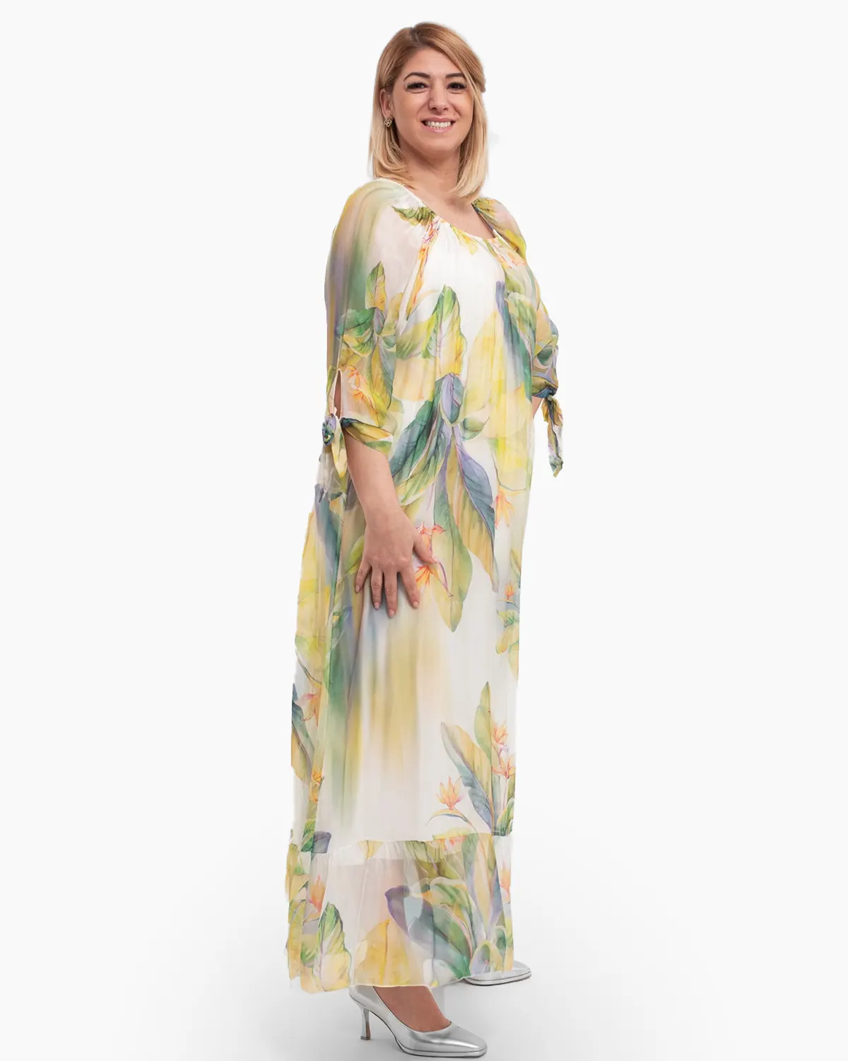 Rochie de vara din matase galbena cu imprimeuri florale [1]
