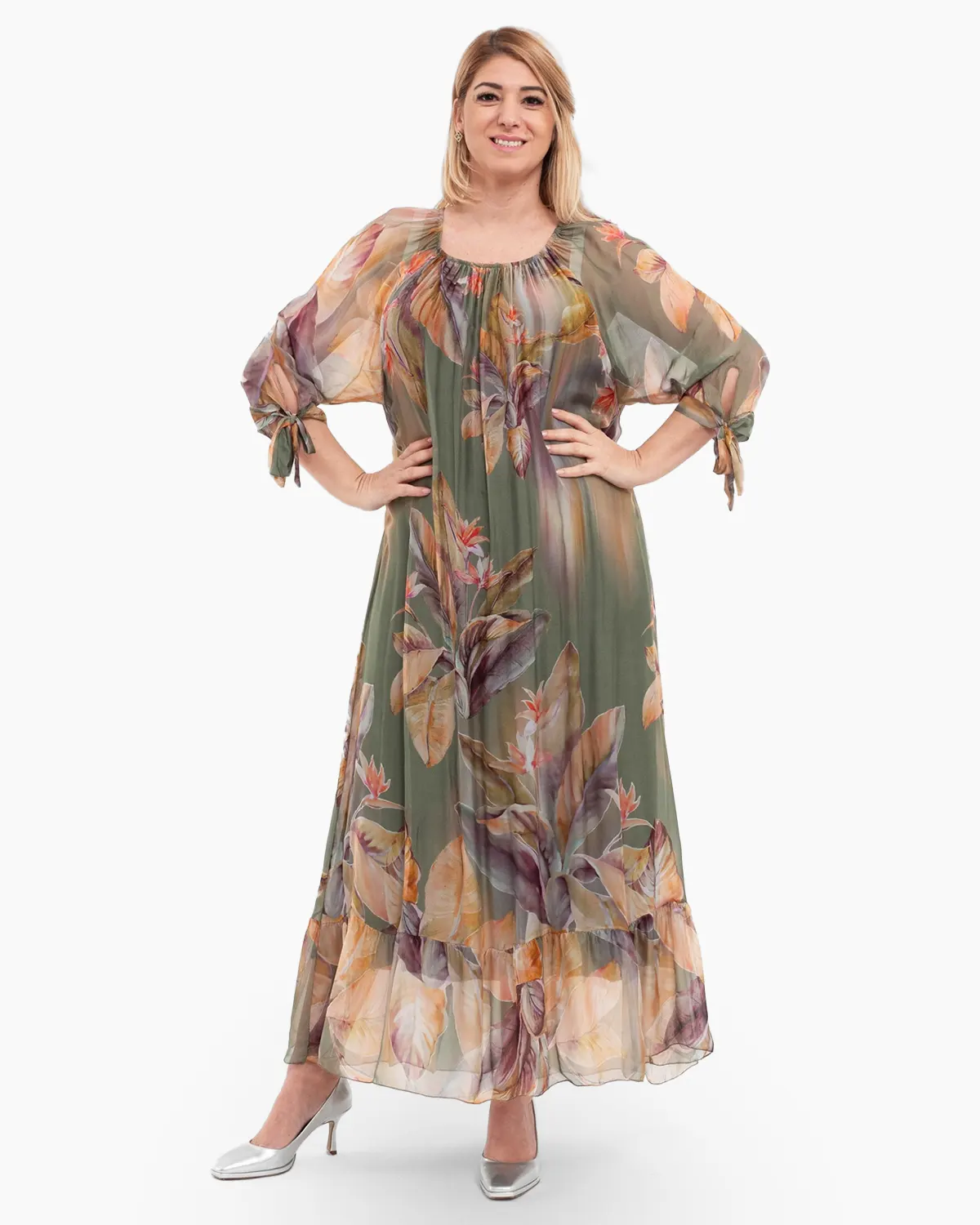 Rochii - Rochie de vara din matase kaki cu imprimeuri florale