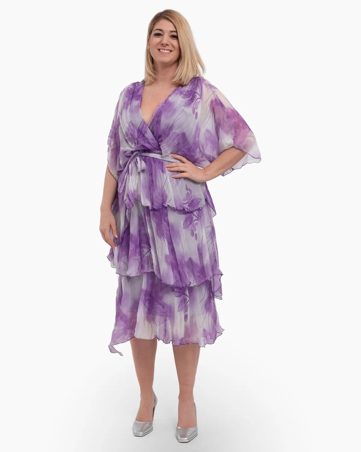 Rochii - Rochie de vara din matase lila, cu volane si bust petrecut