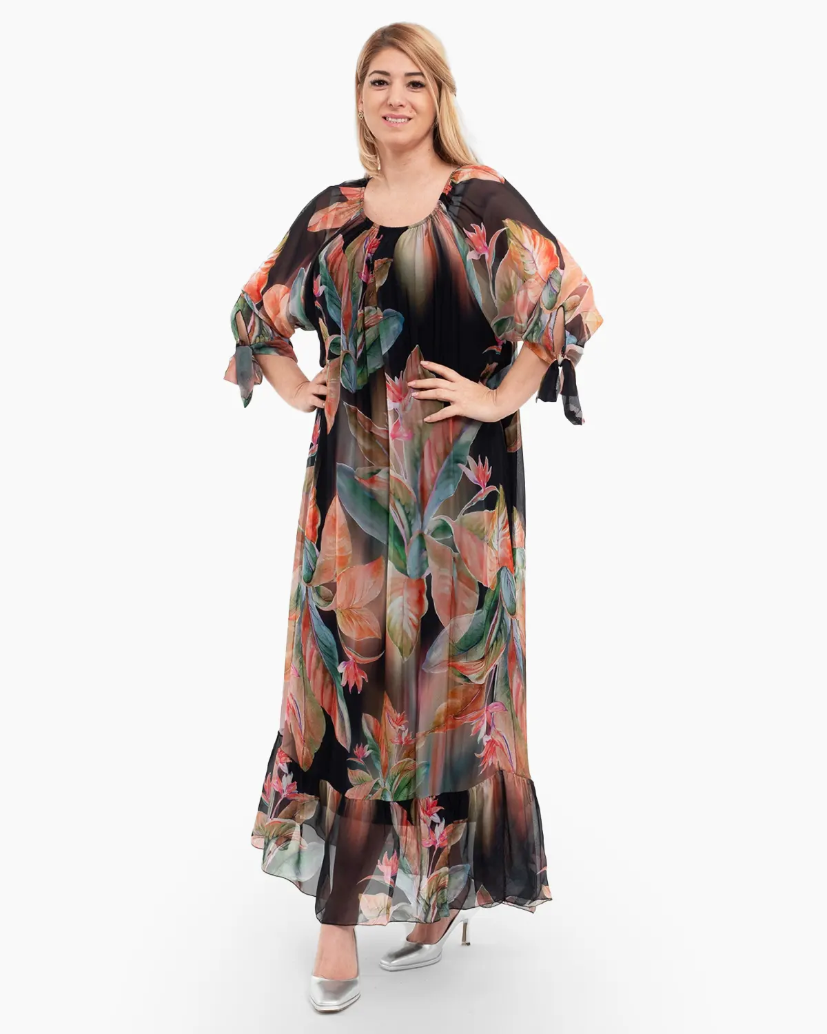 Rochii - Rochie de vara din matase neagra cu imprimeuri florale