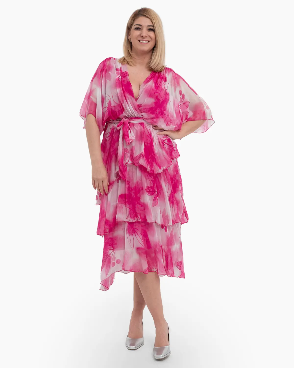 Rochii - Rochie de vara din matase roz, cu volane si bust petrecut