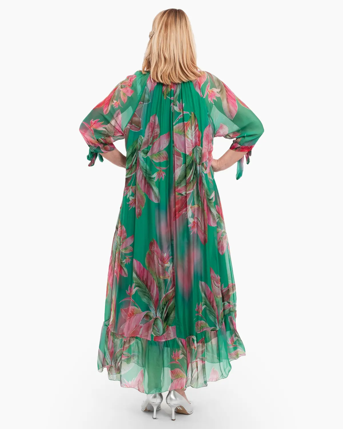 Rochie de vara din matase verde crud cu imprimeuri florale [1]