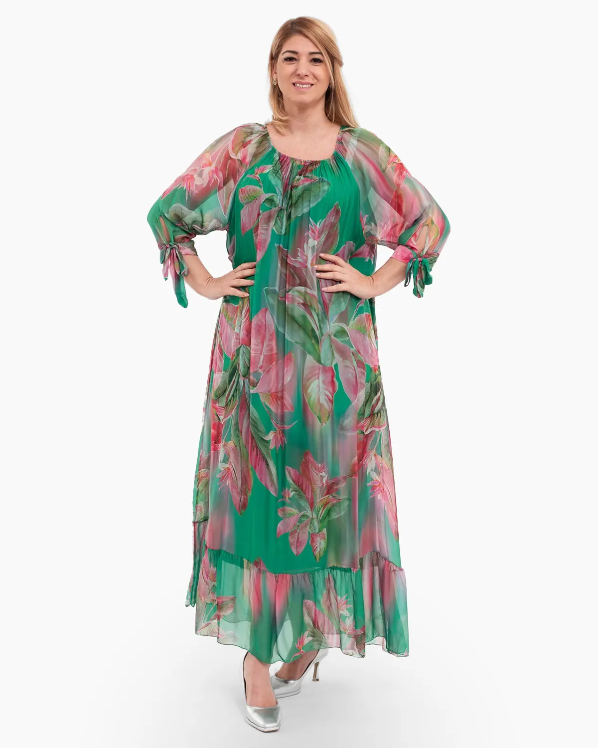 Rochii - Rochie de vara din matase verde crud cu imprimeuri florale
