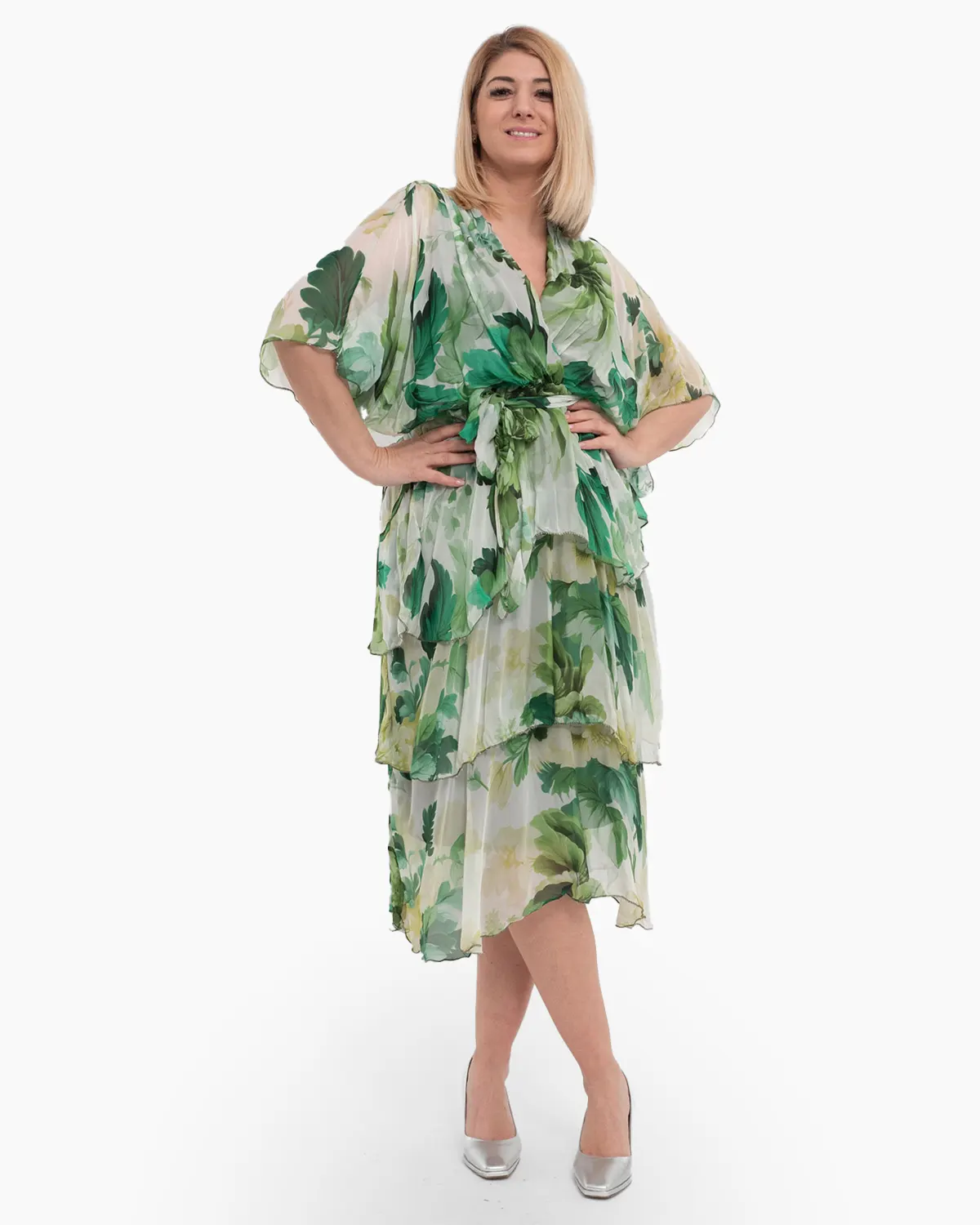 Rochii - Rochie de vara din matase verde, cu volane si bust petrecut