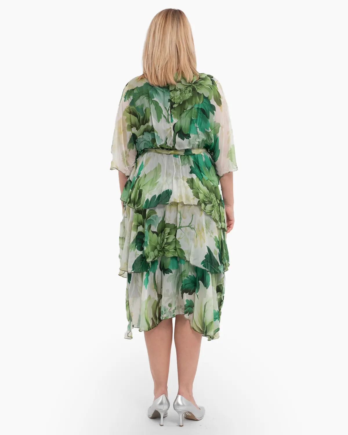 Rochie de vara din matase verde, cu volane si bust petrecut [1]