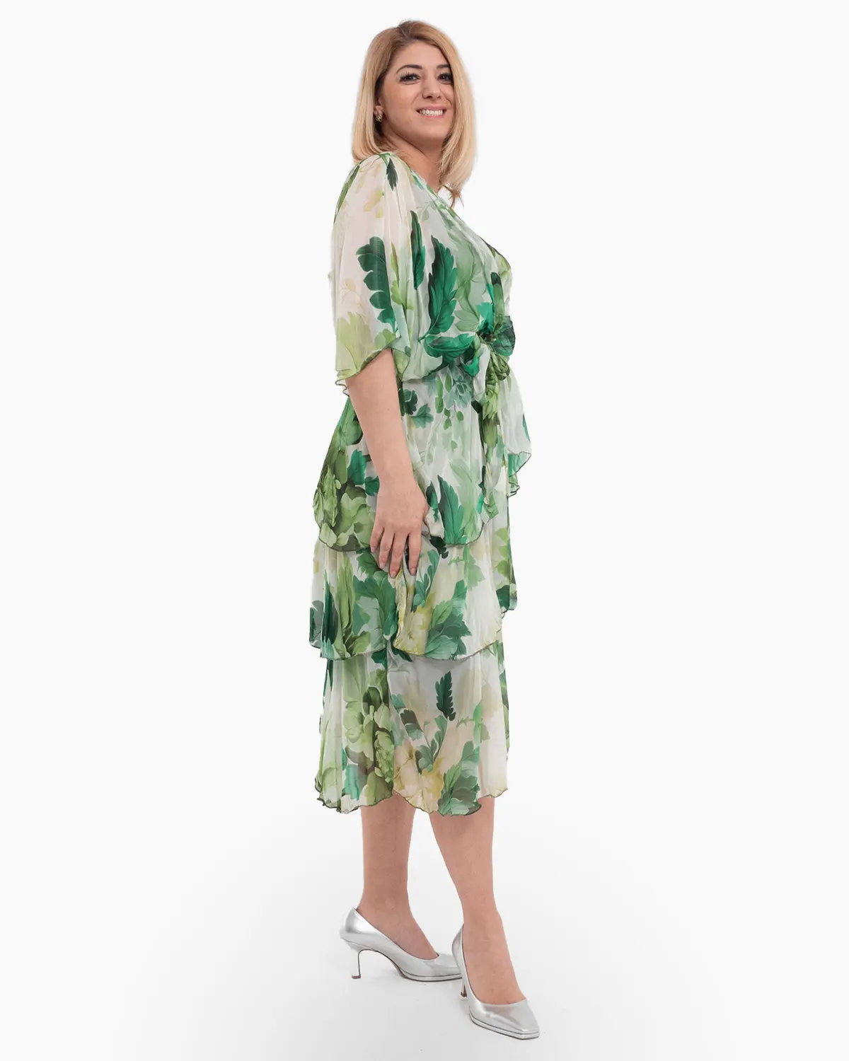 Rochie de vara din matase verde, cu volane si bust petrecut [2]