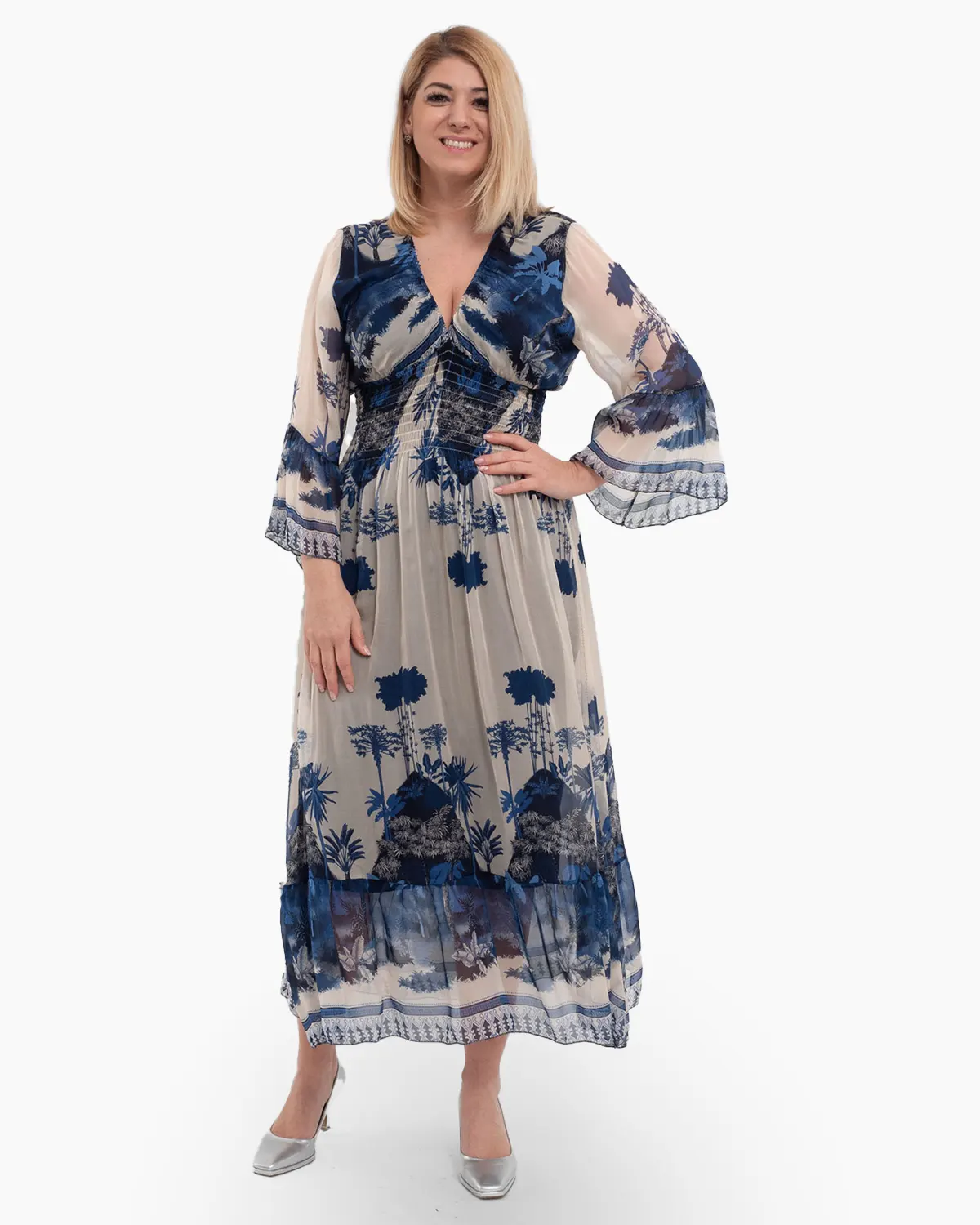 Rochii - Rochie de vara vaporoasa bleumarin din matase, cu accente florale si volane la maneci