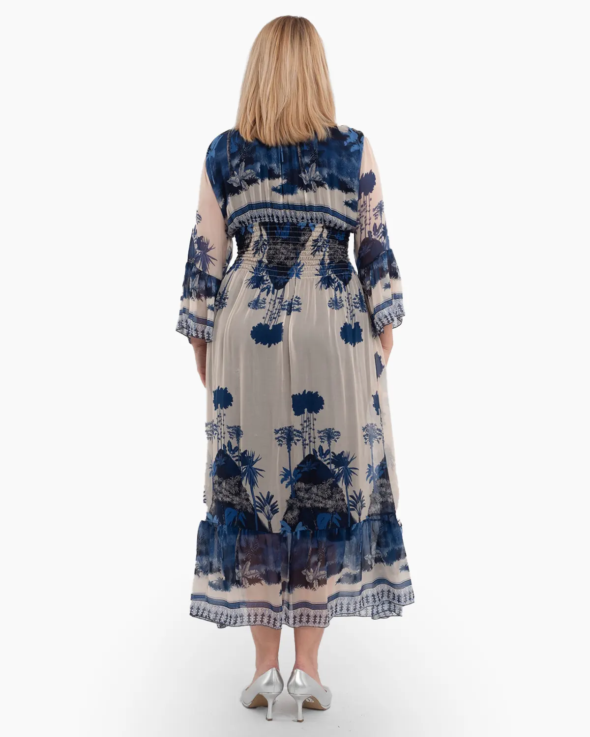 Rochie de vara vaporoasa bleumarin din matase, cu accente florale si volane la maneci [1]