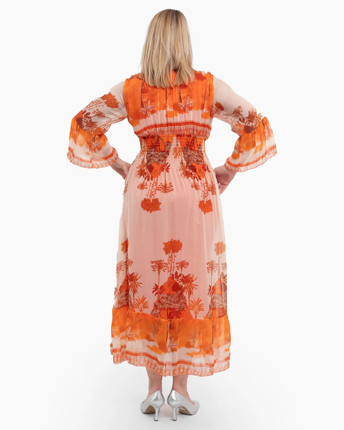 Rochie de vara vaporoasa portocalie din matase, cu accente florale si volane la maneci [2]