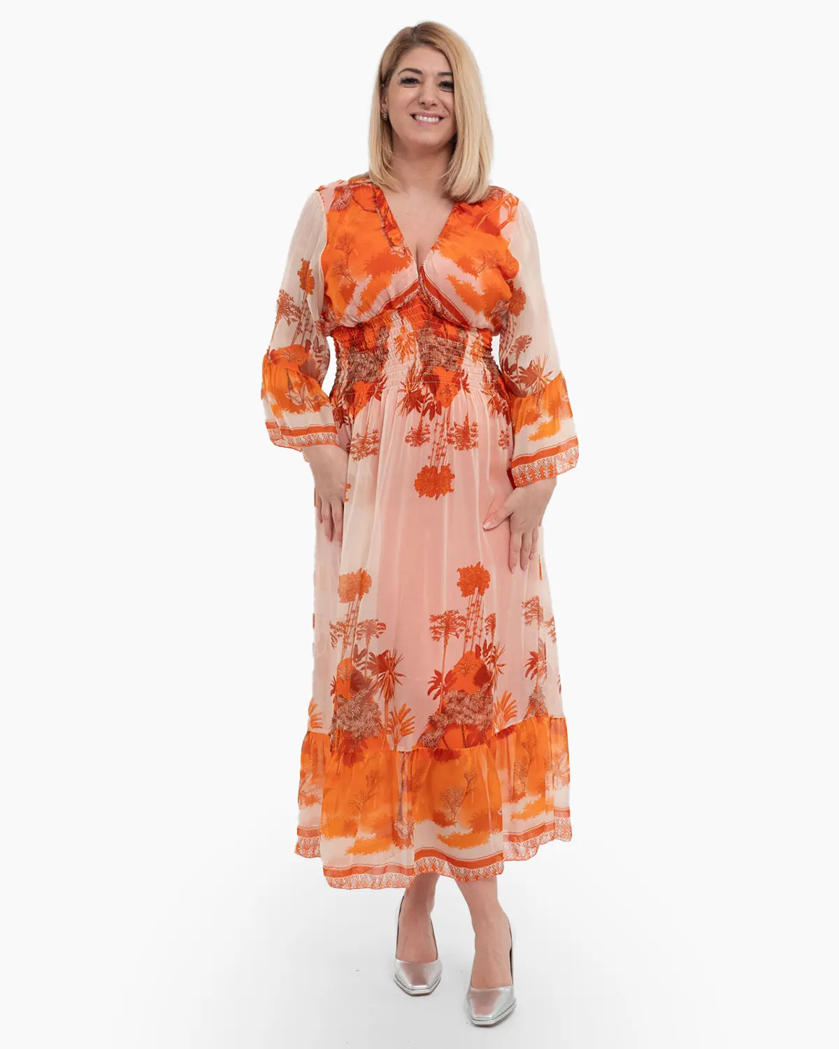 Rochii - Rochie de vara vaporoasa portocalie din matase, cu accente florale si volane la maneci