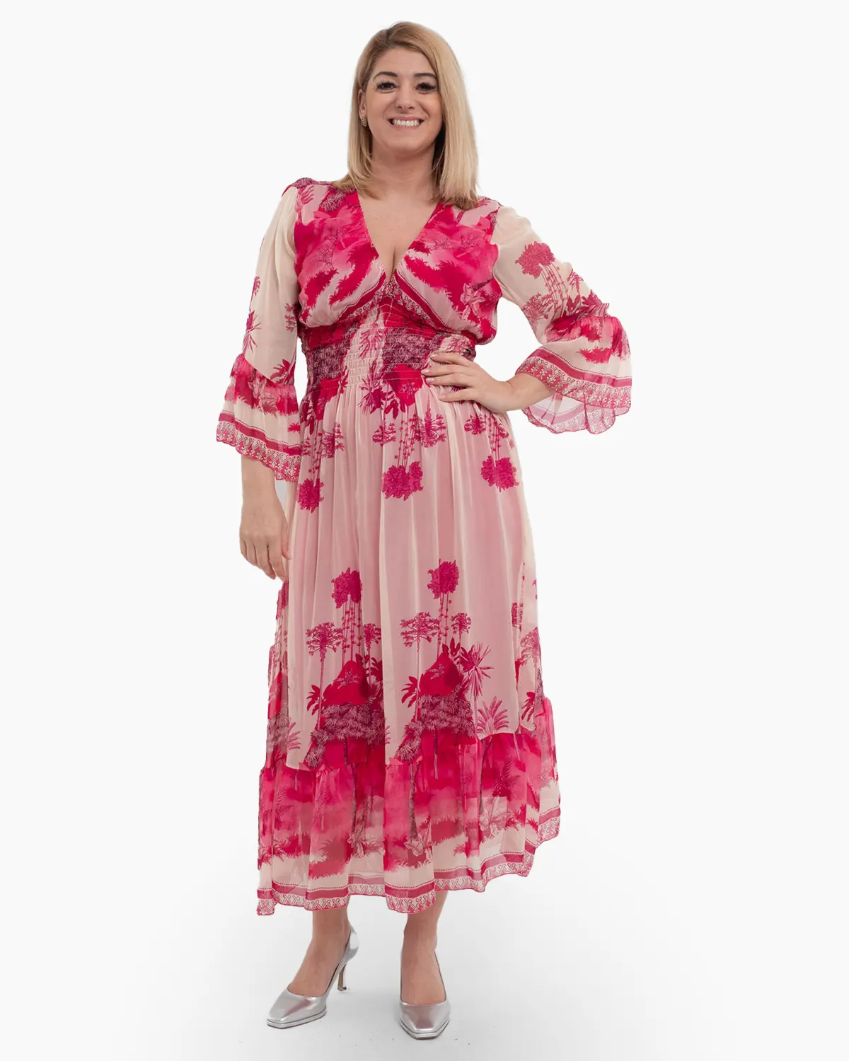 Rochii - Rochie de vara vaporoasa roz din matase, cu accente florale si volane la maneci