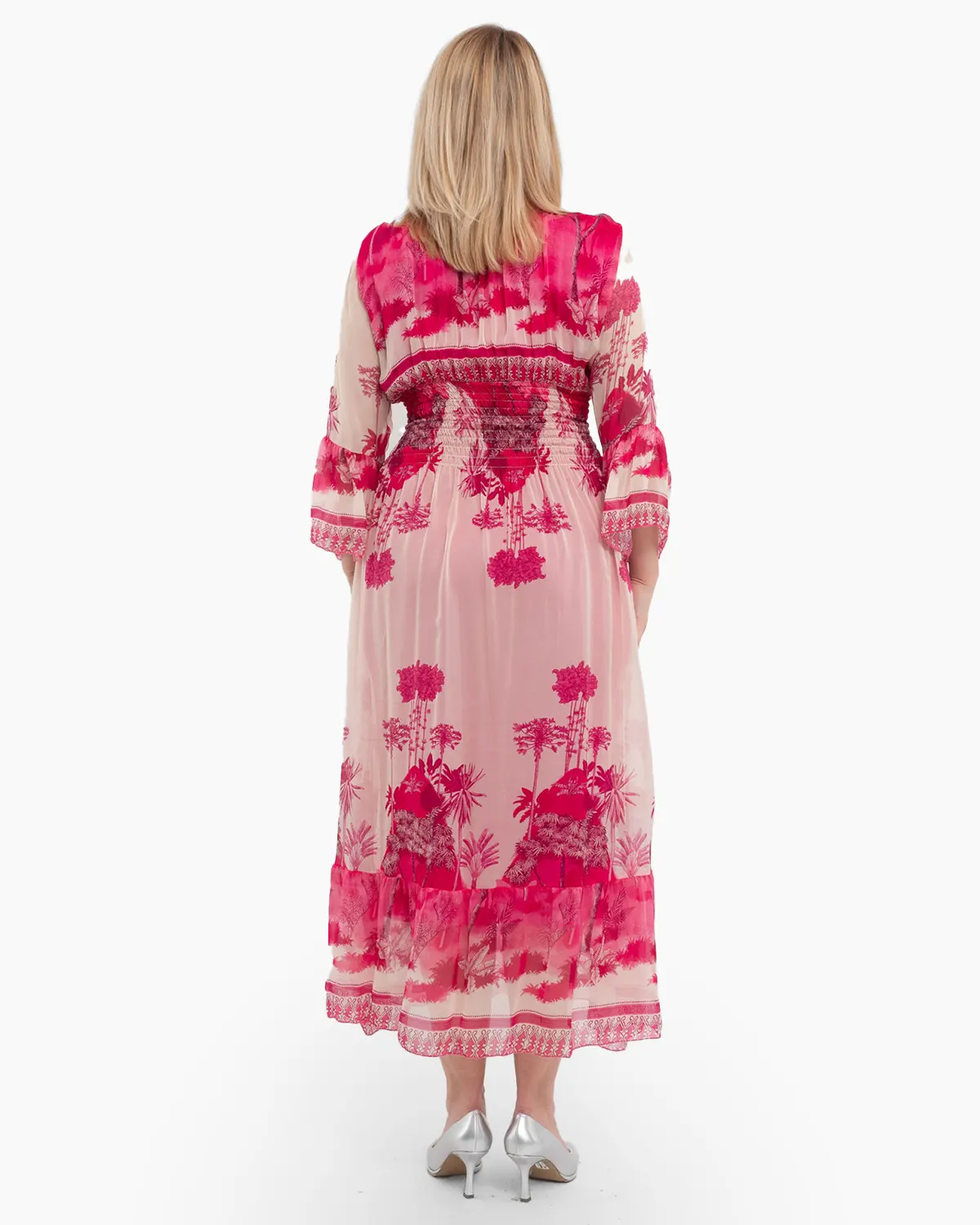 Rochie de vara vaporoasa roz din matase, cu accente florale si volane la maneci [1]