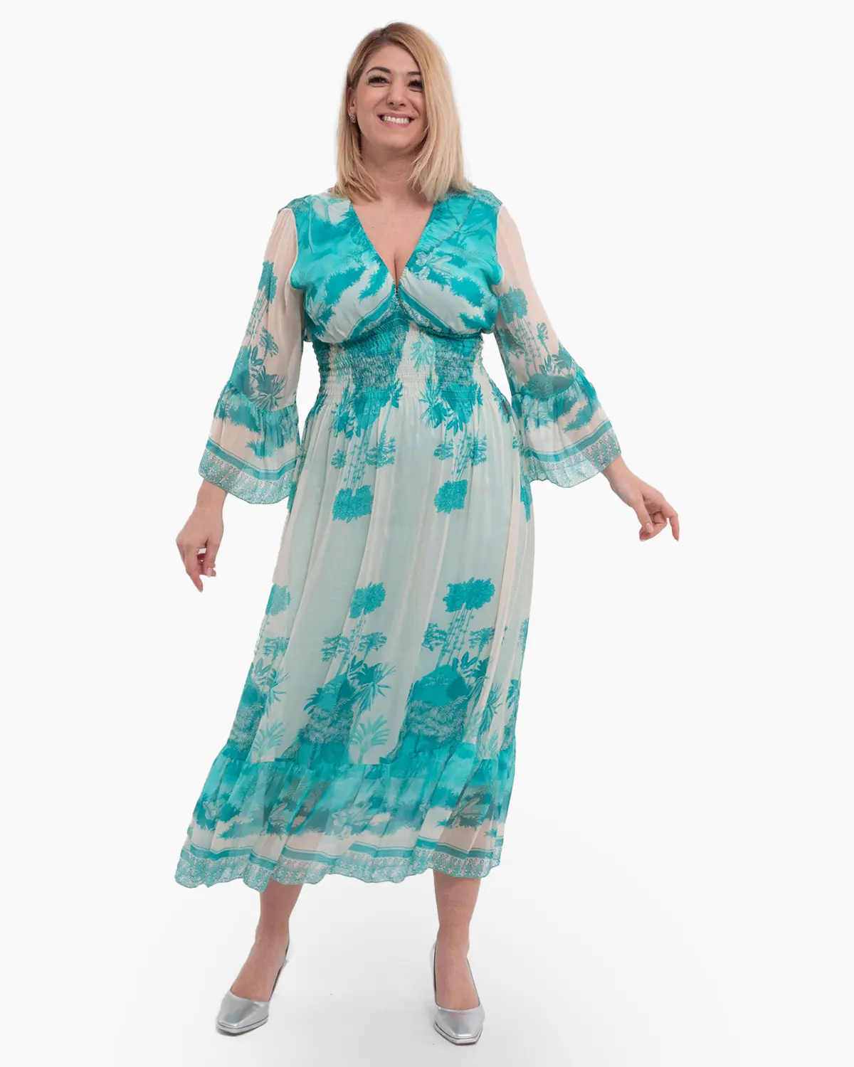 Rochii - Rochie de vara vaporoasa turcoaz din matase, cu accente florale si volane la maneci