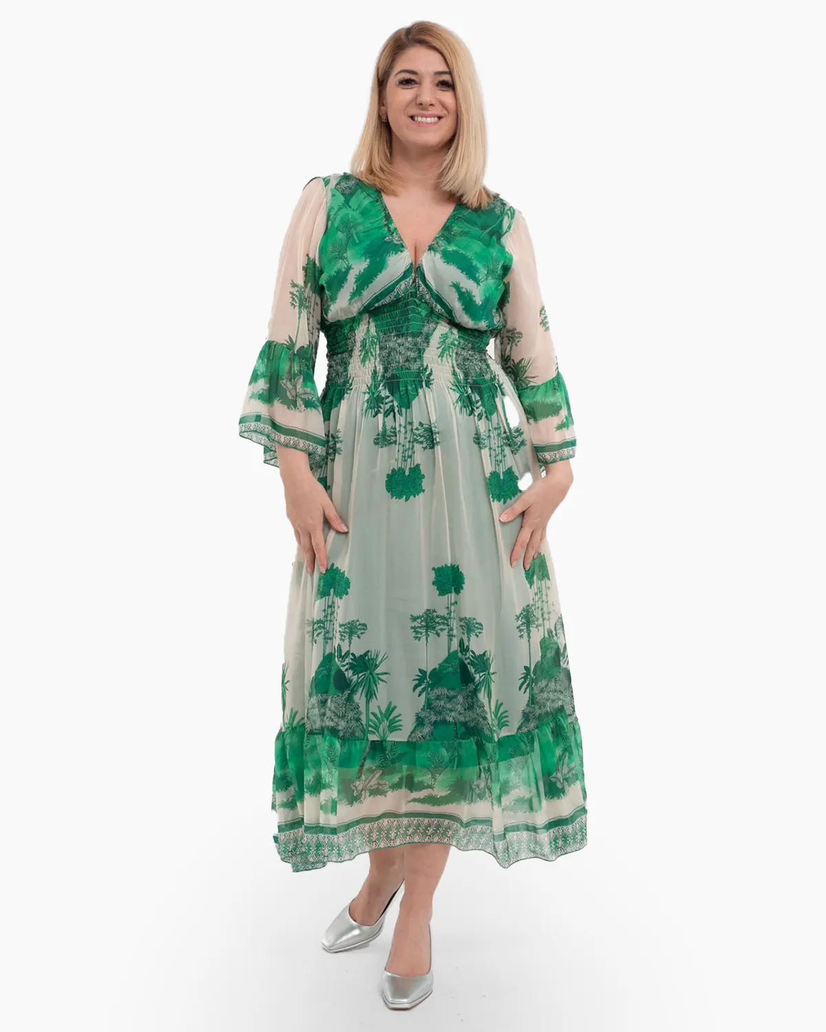Rochii - Rochie de vara vaporoasa verde din matase, cu accente florale si volane la maneci
