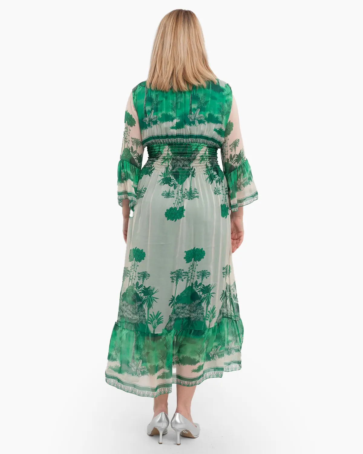 Rochie de vara vaporoasa verde din matase, cu accente florale si volane la maneci [1]