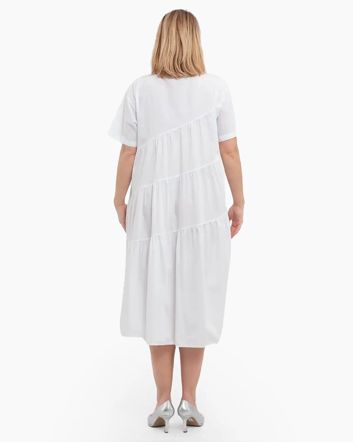 Rochie de zi casual albă, midi, cu volane pe diagonală [1]
