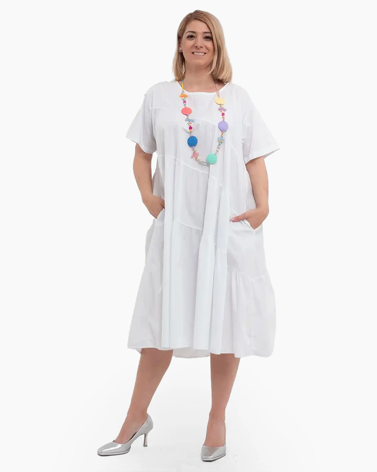 Rochii - Rochie de zi casual albă, midi, cu volane pe diagonală