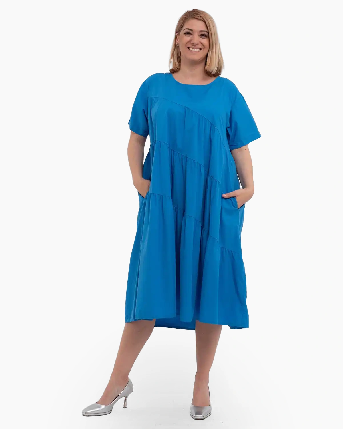 Rochii - Rochie de zi casual albastră, midi, cu volane pe diagonală