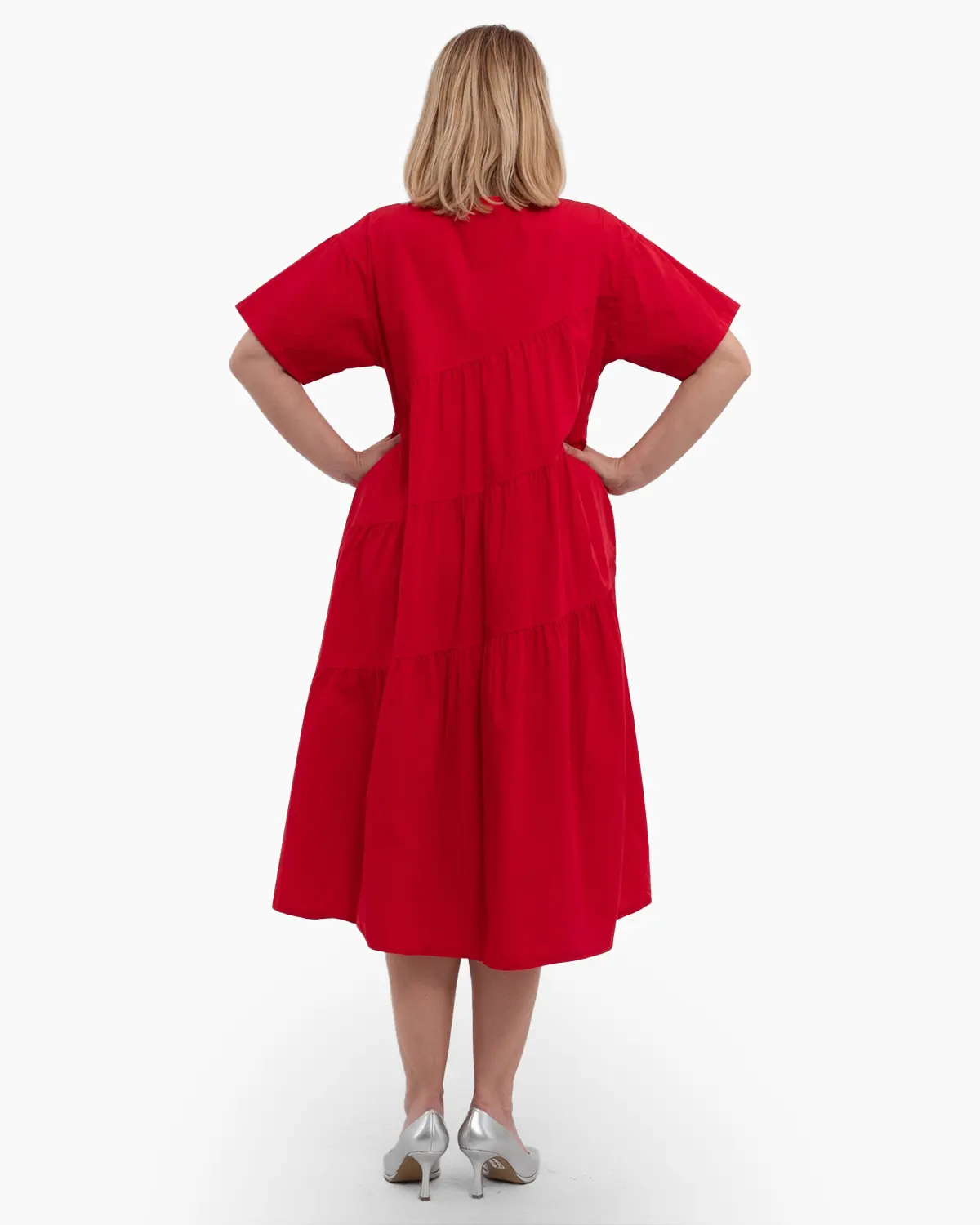 Rochie de zi casual roșie, midi, cu volane pe diagonală [1]