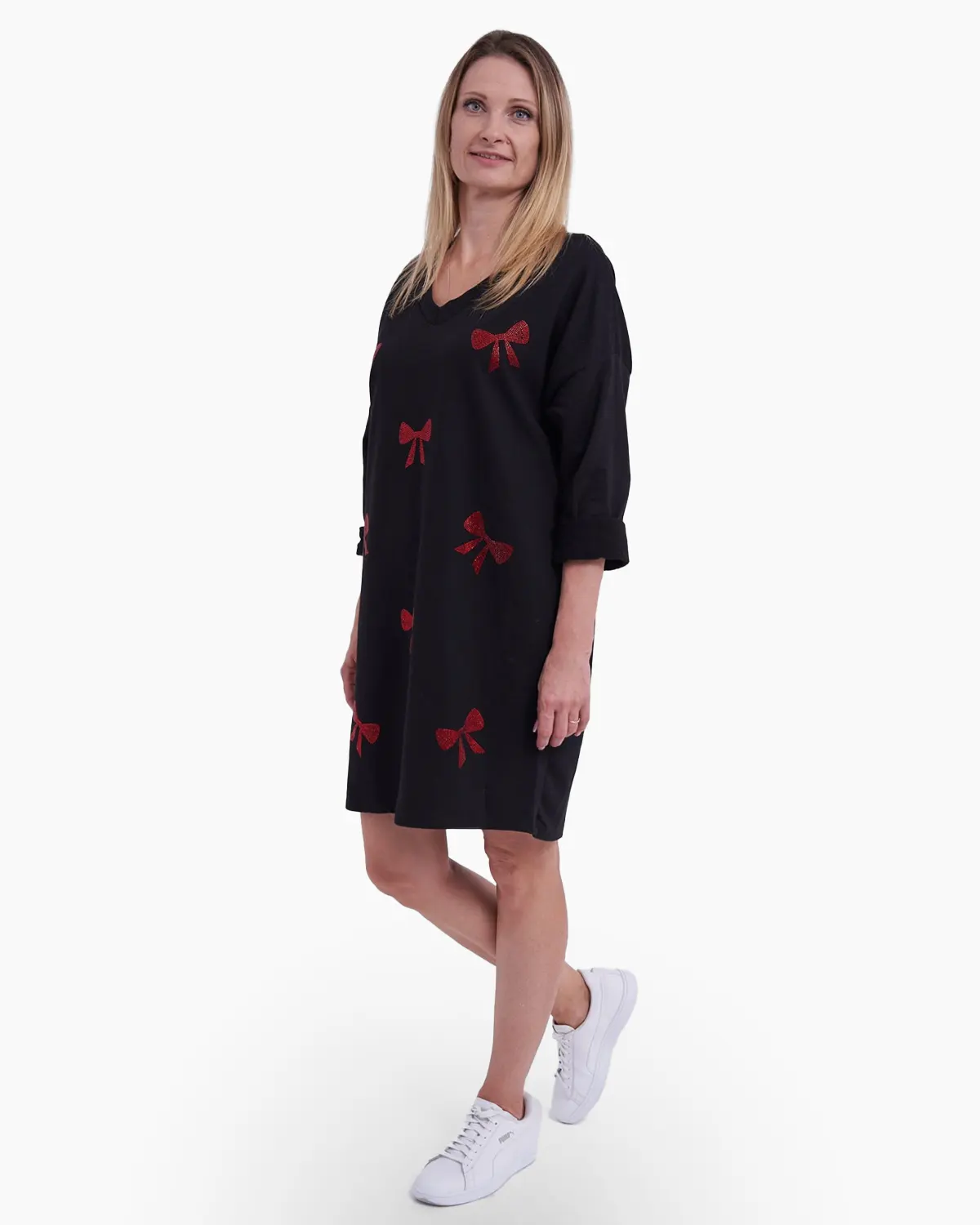Rochii - Rochie din bumbac cu imprimeu de fundite rosii, realizat din strasuri