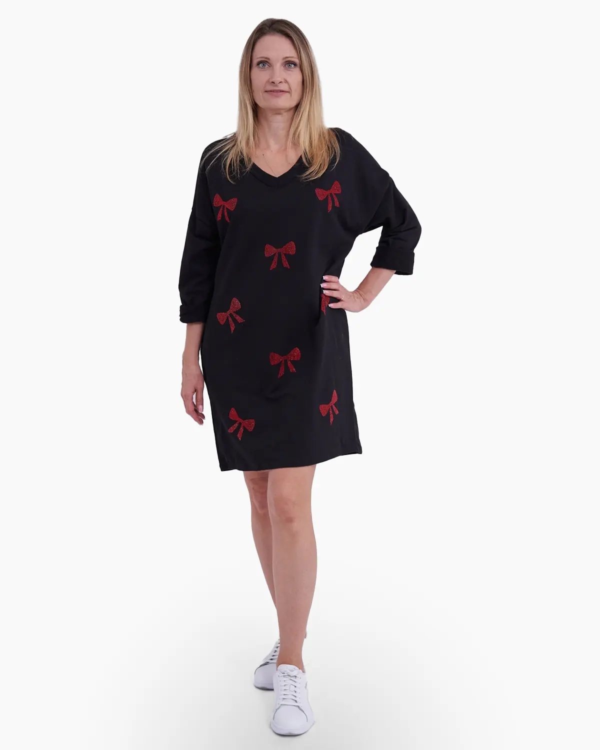 Rochie din bumbac cu imprimeu de fundite rosii, realizat din strasuri [1]