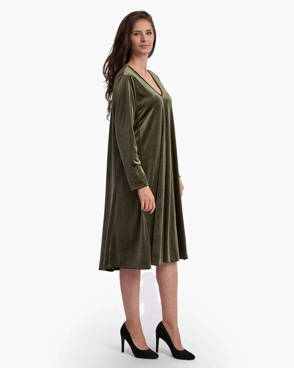 Rochie din catifea , A line, cu decolteu in forma de V, kaki [1]