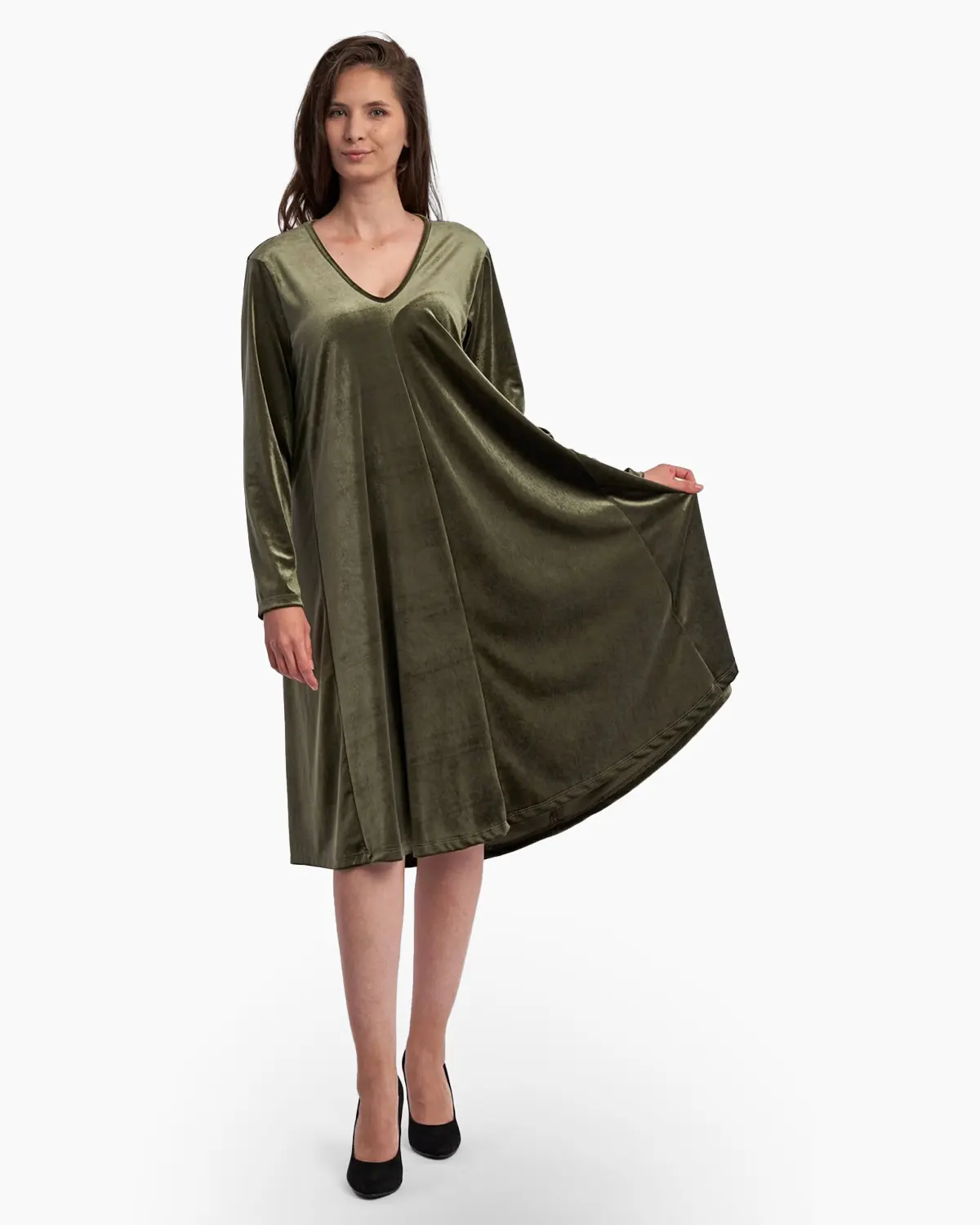 Rochie din catifea , A line, cu decolteu in forma de V, kaki [2]