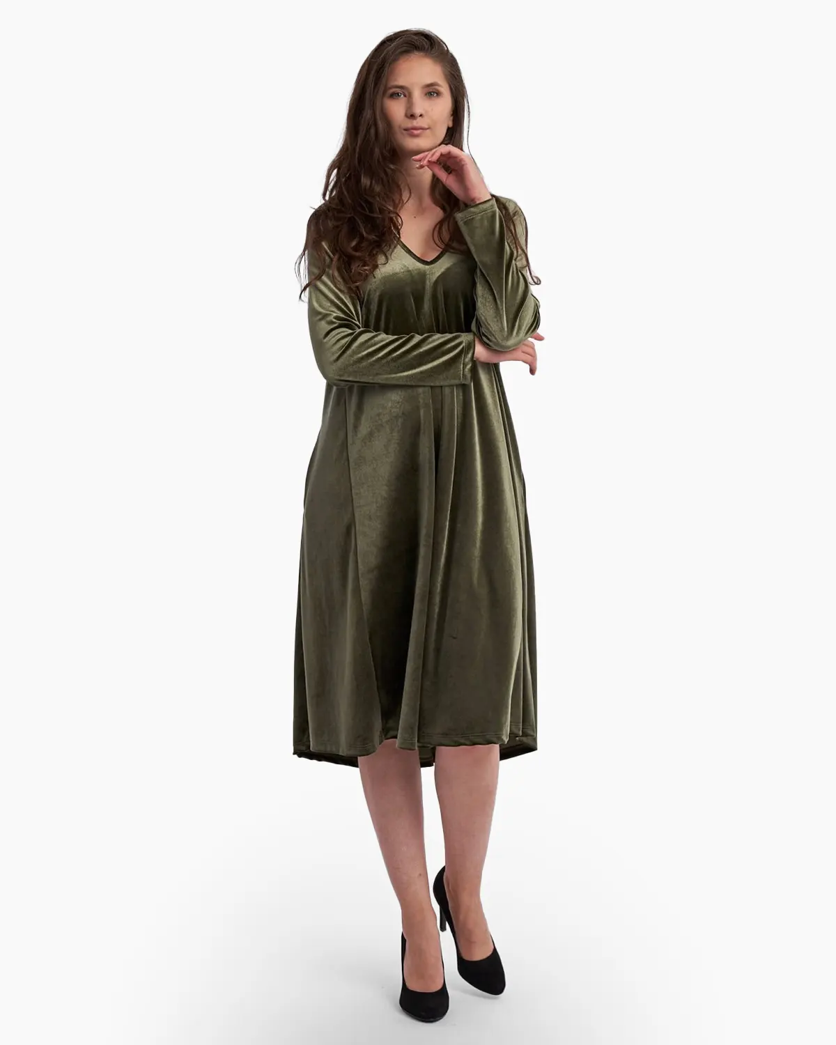 Rochii - Rochie din catifea , A line, cu decolteu in forma de V, kaki