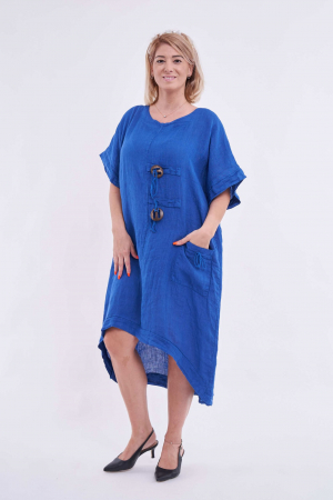 Rochii din In - Rochie din in, accesorizata cu buzunar si nasturi rotunzi, culoare albastru