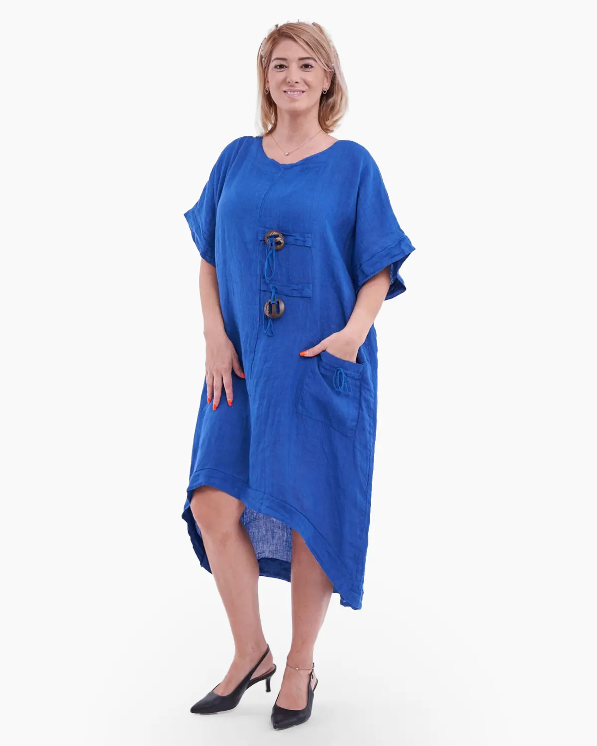 Rochii la Promoție - Rochie din in, accesorizata cu buzunar si nasturi rotunzi, culoare albastru