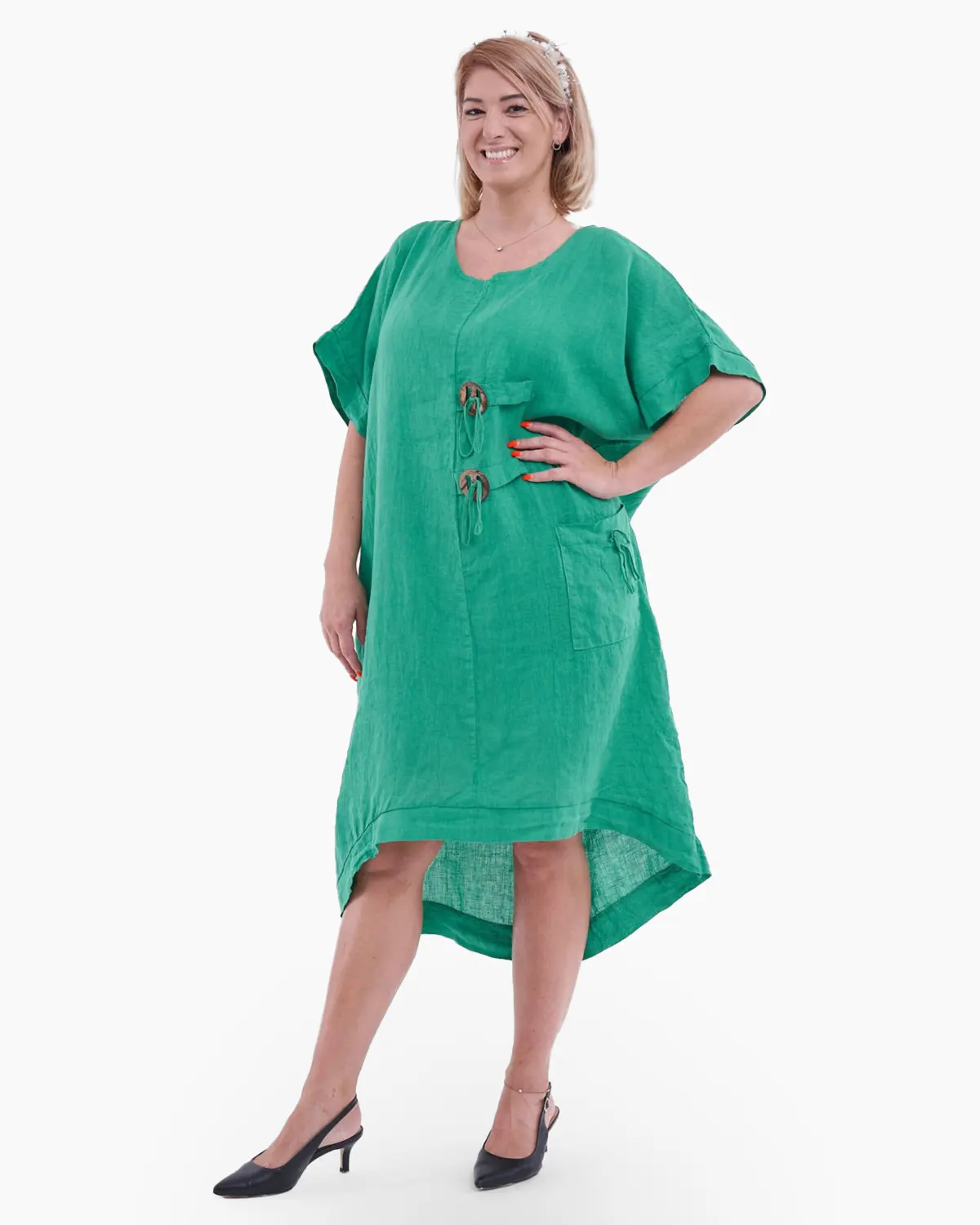 Rochii la Promoție - Rochie din in, accesorizata cu buzunar si nasturi rotunzi, culoare verde