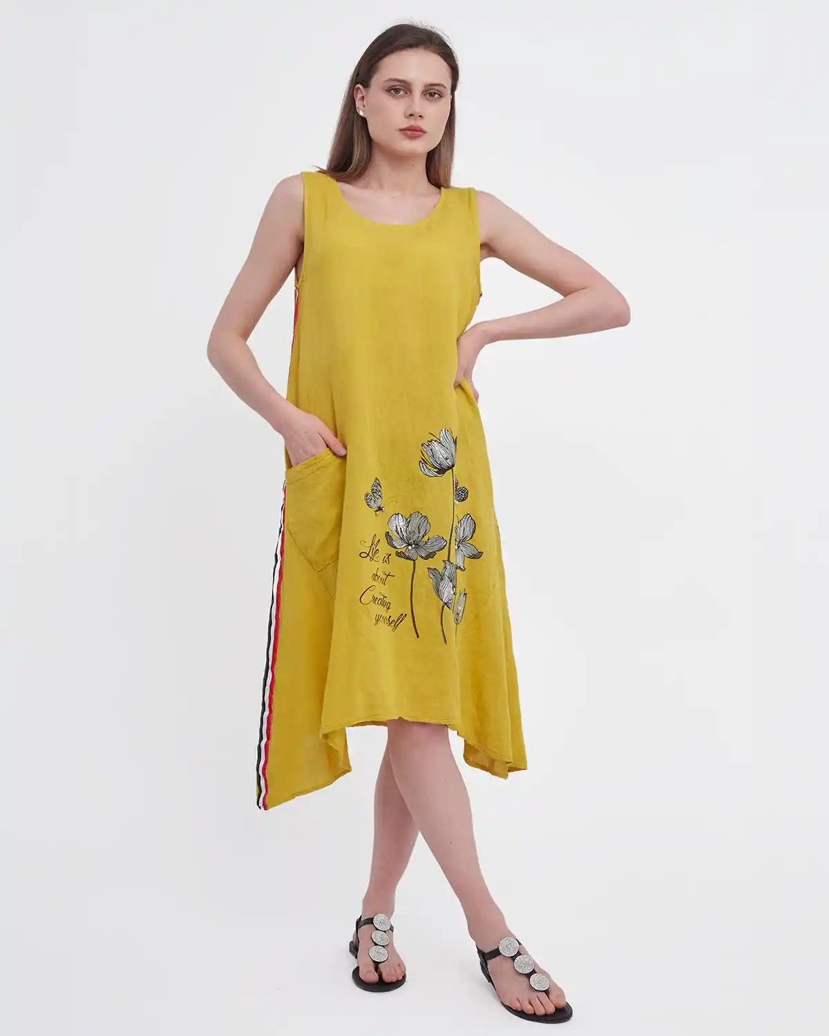 Rochii din In - Rochie din in croi A, fara maneci, cu imprimeu, margelute aplicate si buzunar